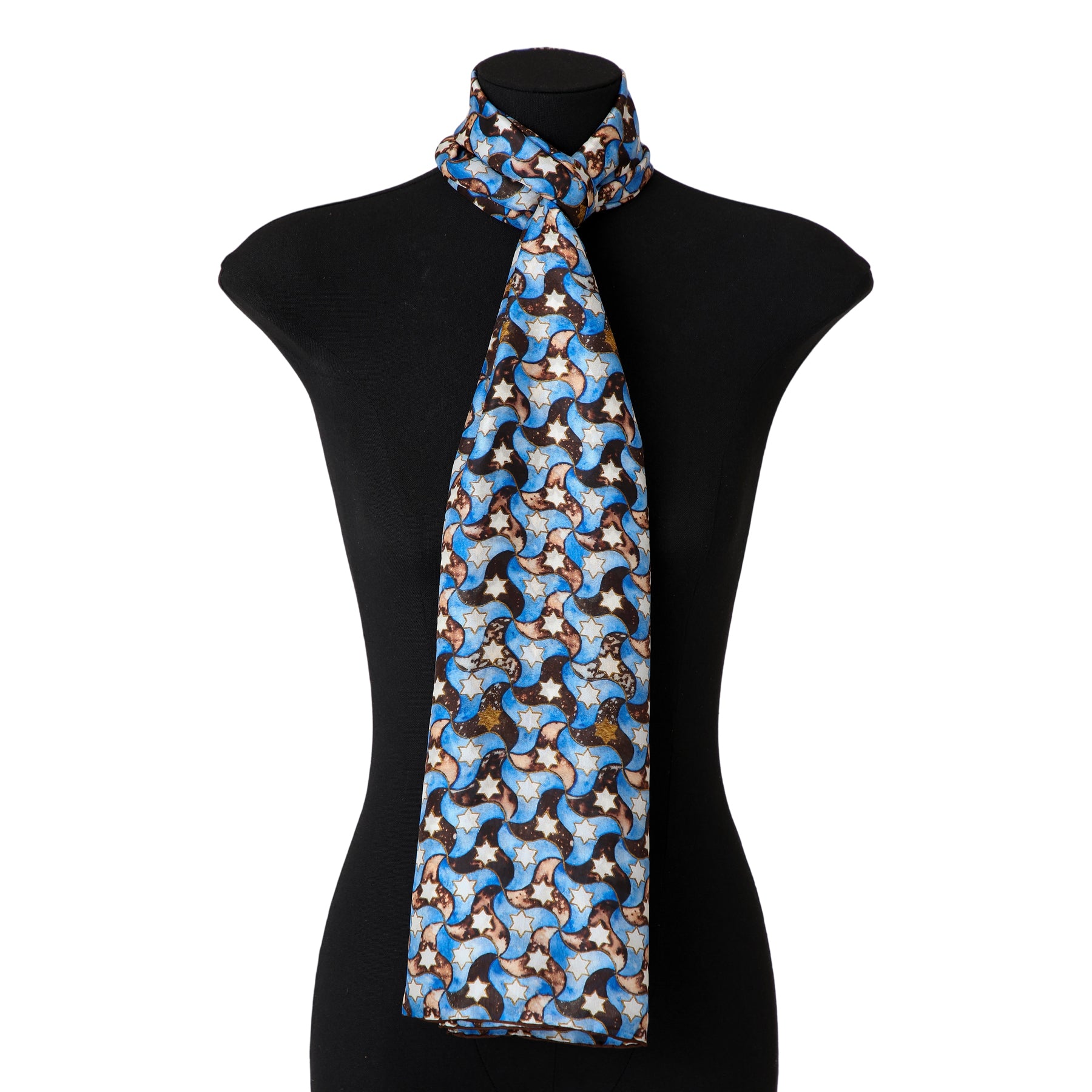 The Silk Scarf Islamic Design Pajarita, featuring a blue, white, and brown Andalusian-inspired geometric pattern, is elegantly draped around the neck of a black dress form mannequin.