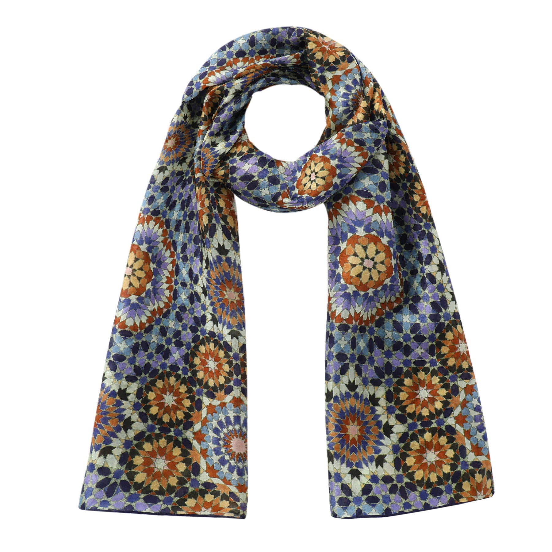 The Hamzah Purple & Brown Silk Scarf Baraka V2 showcases intricate geometric patterns akin to vibrant kaleidoscopic symmetry, reminiscent of Islamic art.