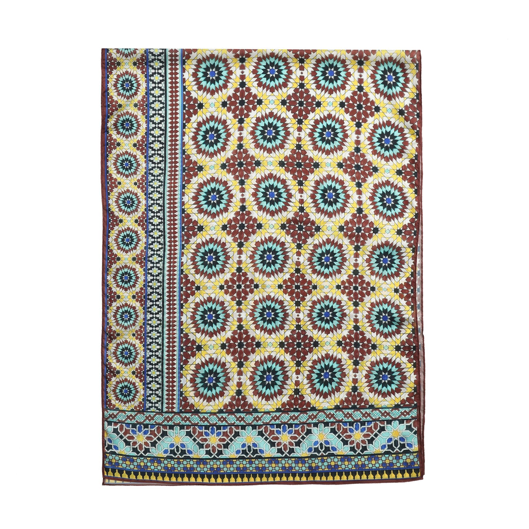 Pañuelo Raml – estampado de mosaico andalusí en burdeos y turquesa, detalle 2