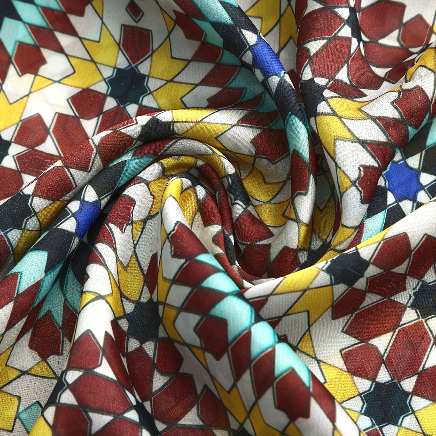 Pañuelo Raml – estampado de mosaico andalusí en burdeos y turquesa, detalle 4