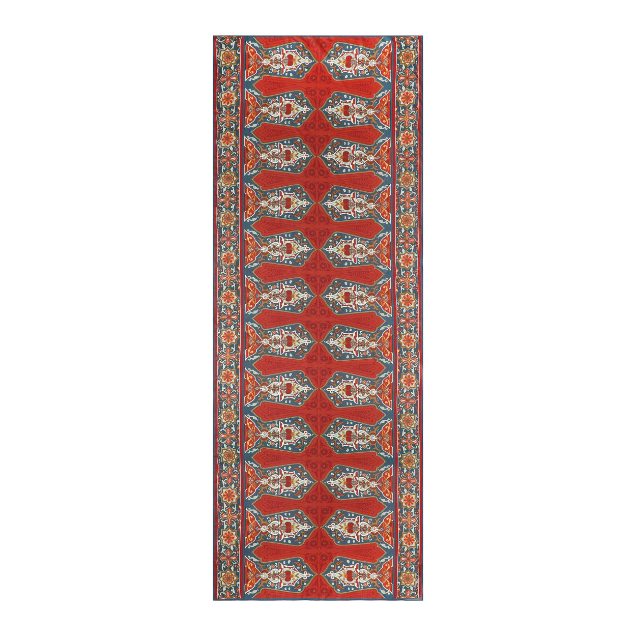 The Isfahan-Inspired Red & Blue Scarf is crafted from 100% modal and features a red base with repeating white, blue, and gray geometric patterns, bordered by decorative blue, red, and orange floral motifs.