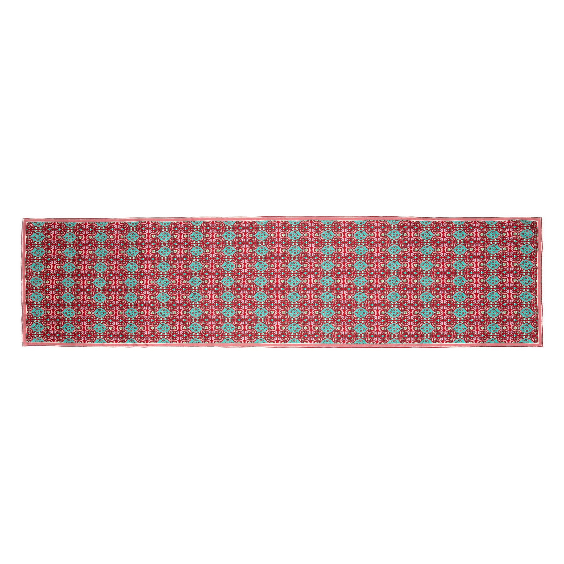 Red and Turquoise Silk Scarf Koltuk · Double-Sided, shown flat with the full print