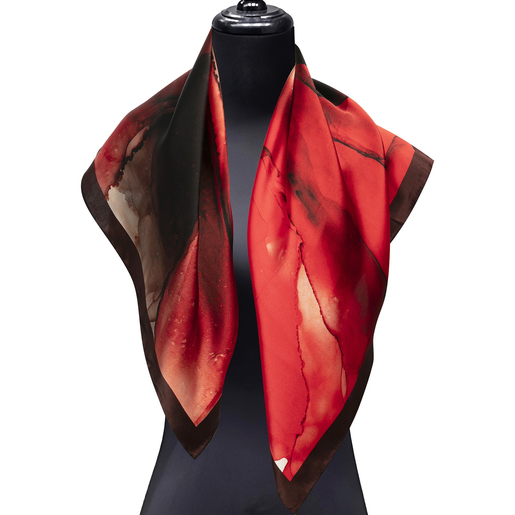 The Red Silk Scarf Square Fluid Art, featuring abstract red, black, and brown patterns, is elegantly draped over a black dress form mannequin.