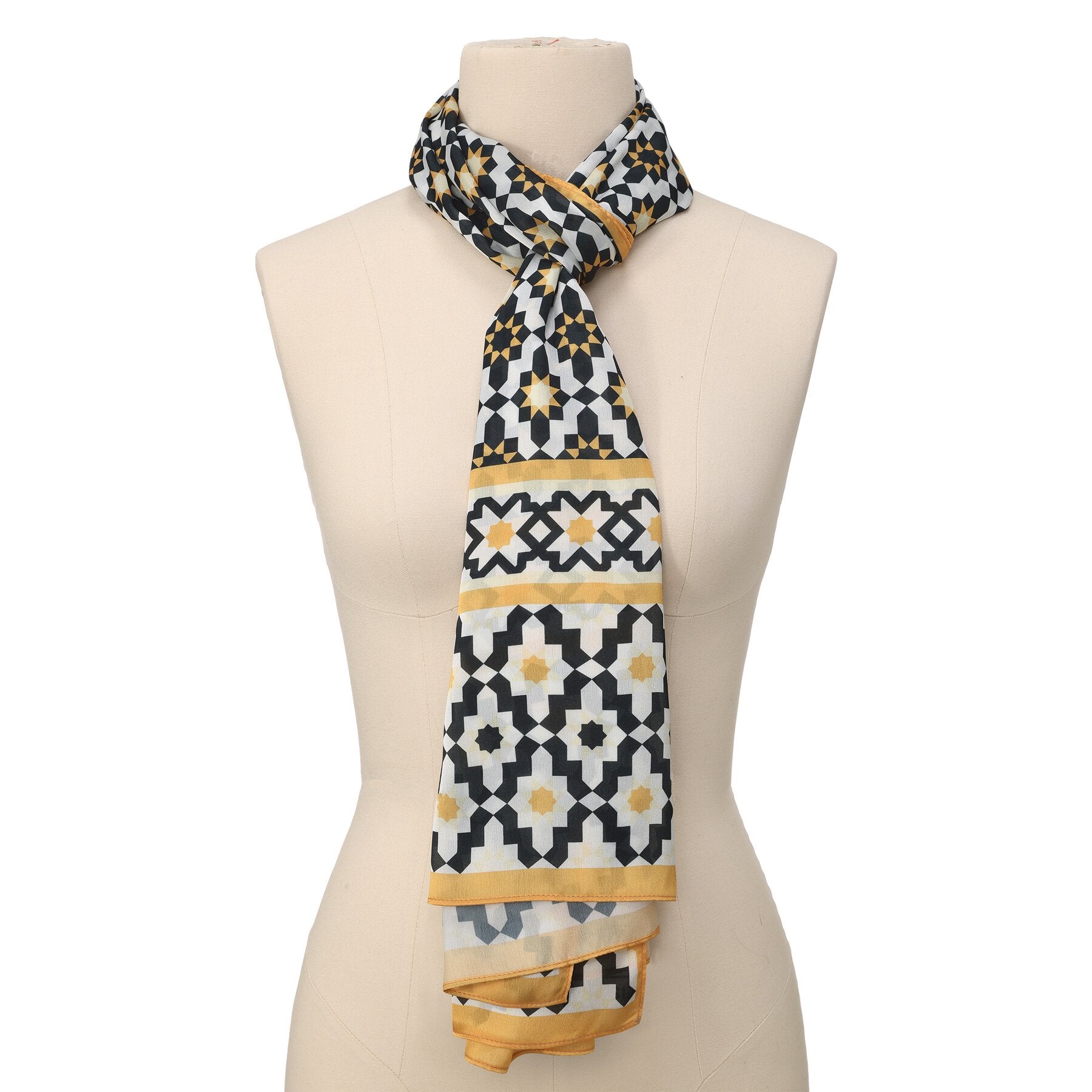 Pañuelo Riyad – estampado de mosaico andalusí en negro y oro, detalle 1