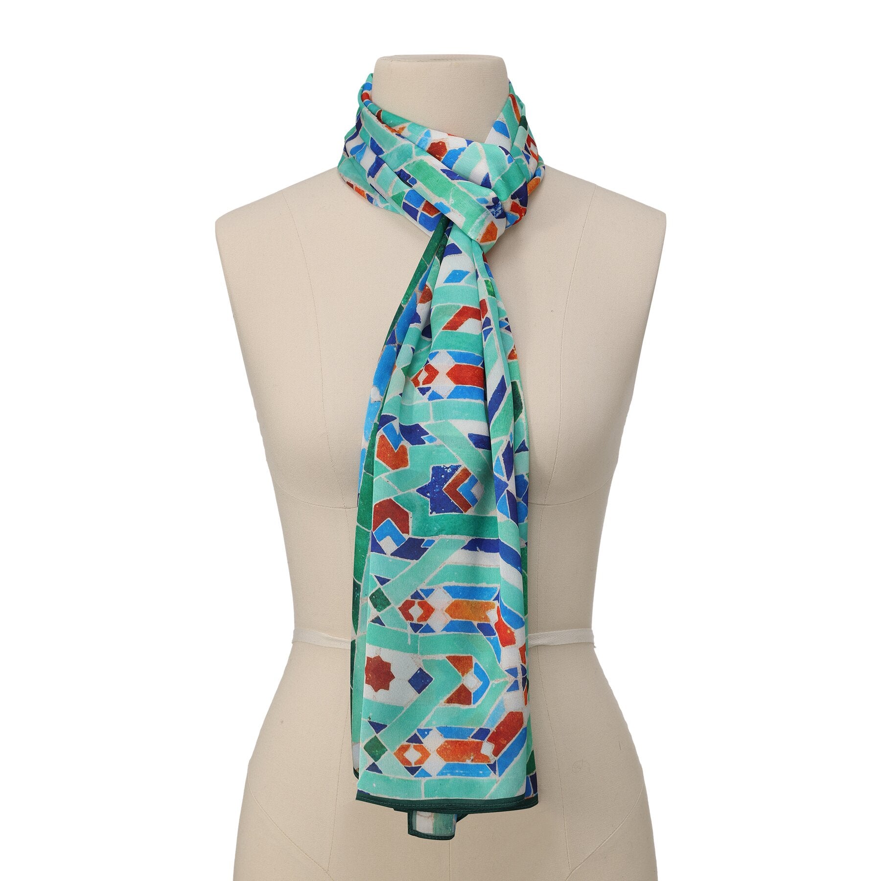 Pañuelo Safa – estampado de mosaico andalusí en menta y cobalto, detalle 1