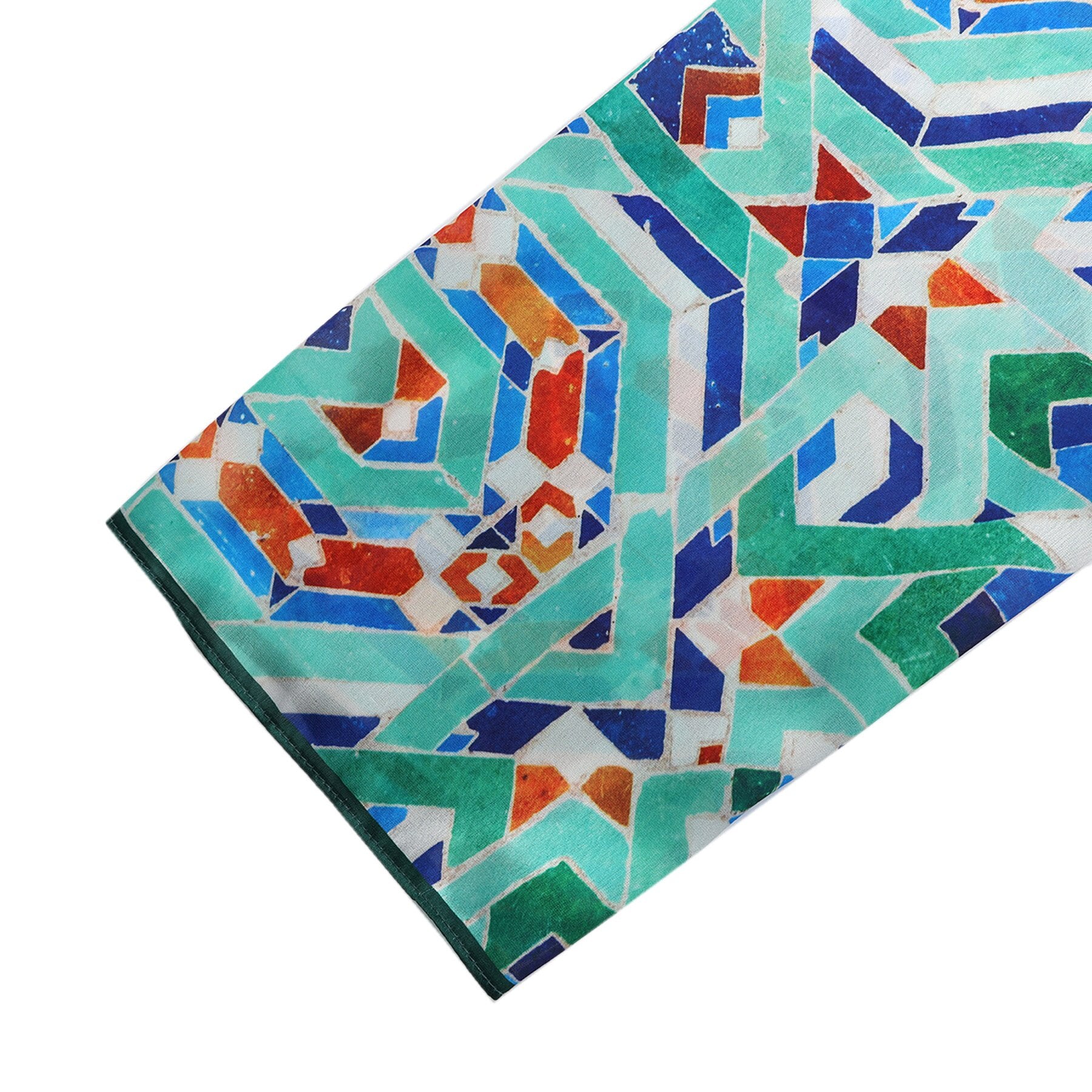 Pañuelo Safa – estampado de mosaico andalusí en menta y cobalto, detalle 8