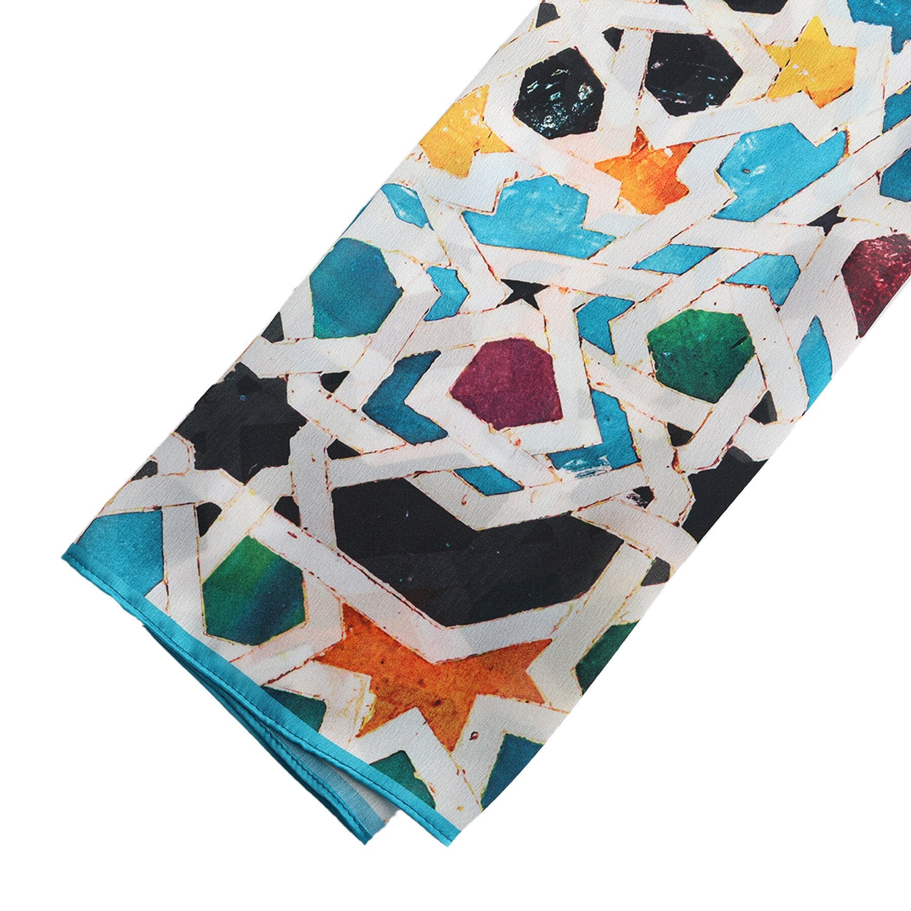 Pañuelo Sahra – estampado de mosaico andalusí en multicolor, detalle 7