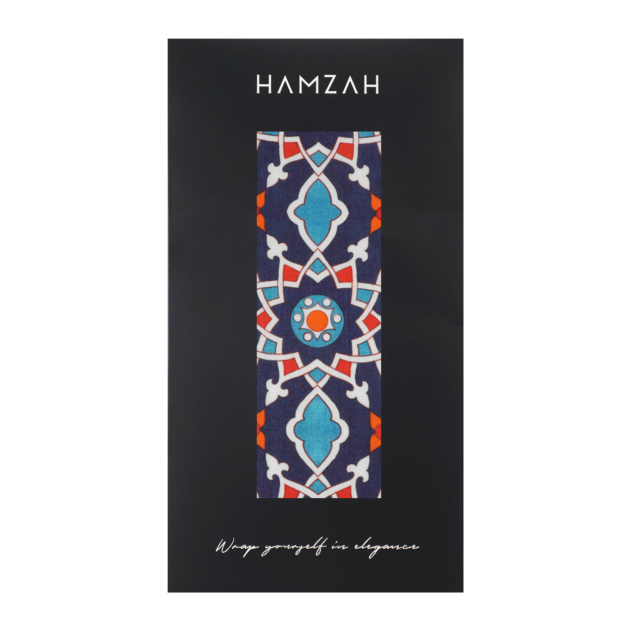 The Elegant Islamic Art-Inspired Scarf – Navy Blue and Red Geometric Design - Farabi features bold geometric patterns in navy blue and red, elegantly packaged in black HAMZAH wrapping—perfect as a luxurious gift.