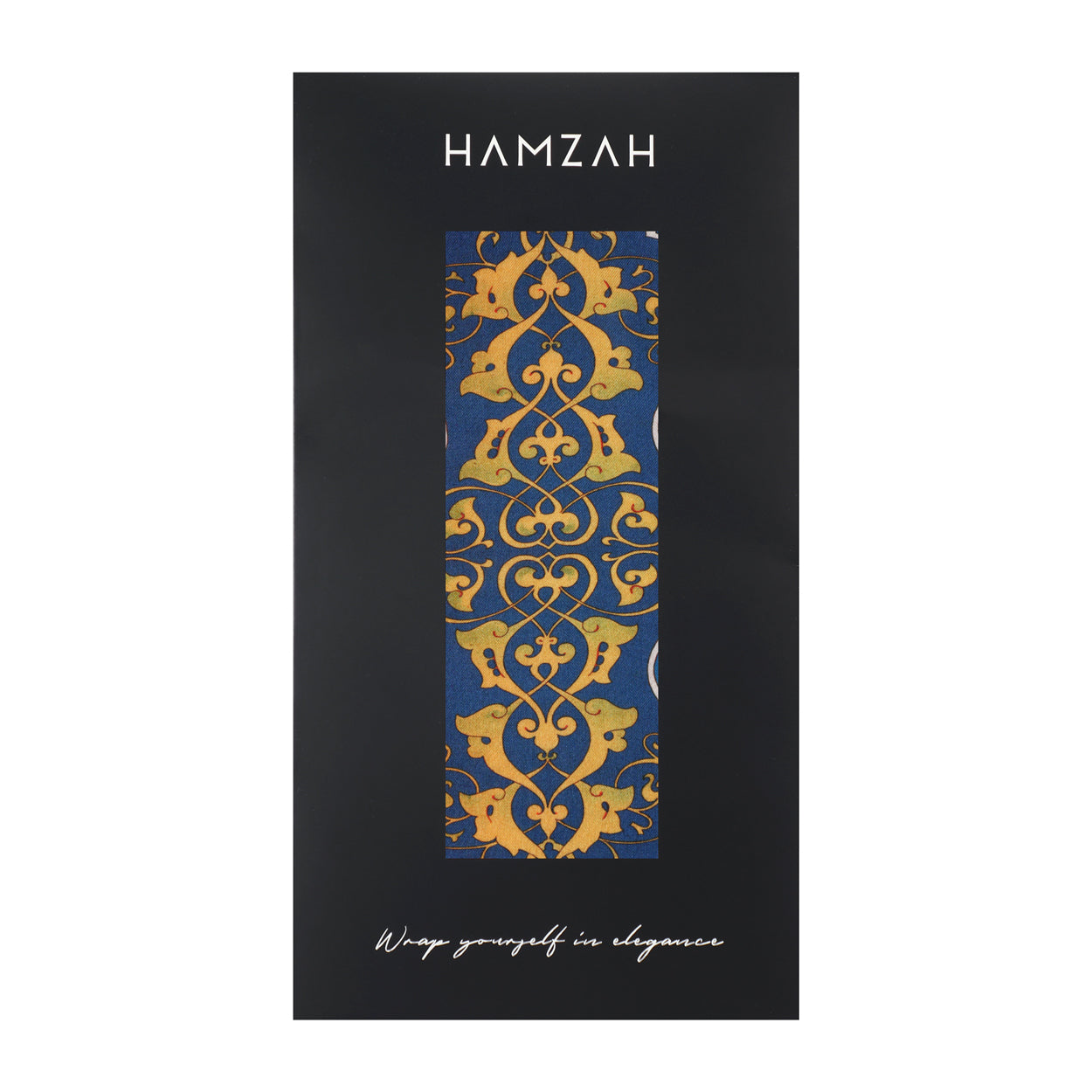 A rectangular black package with HAMZAH at the top and Wrap yourself in elegance at the bottom displays the Elegant Blue