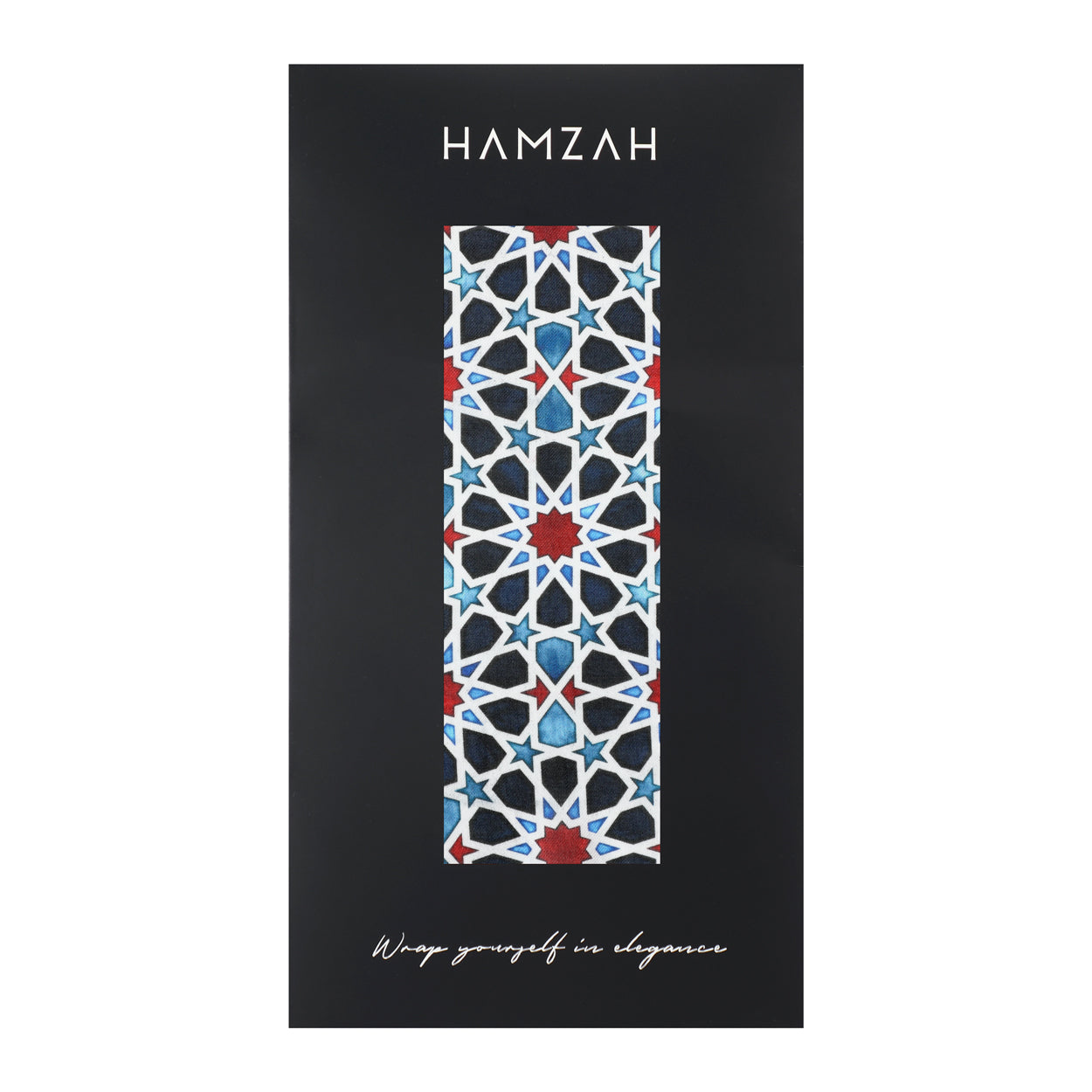 The Islamic Art Inspired Scarf in Blue, Red, and Black features a geometric star pattern and is displayed vertically on black packaging labeled HAMZAH at the top with Wrap yourself in elegance at the bottom.