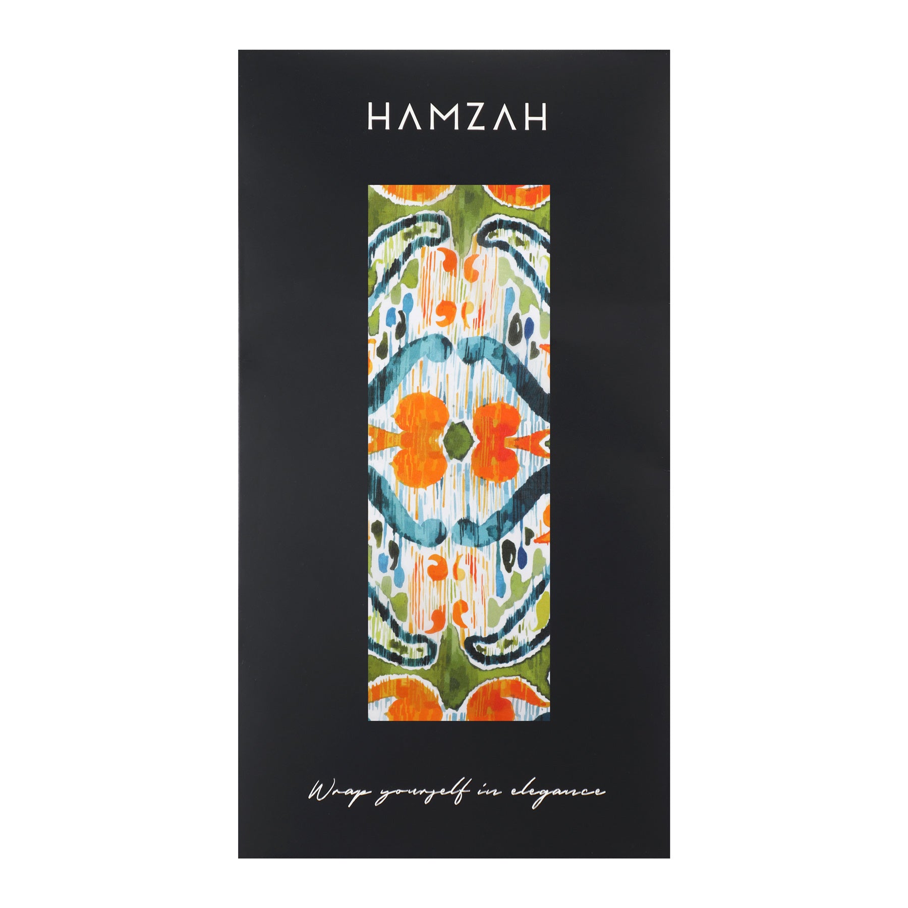 Presented in a black box branded HAMZAH, the Green and Orange Silk Scarf with Ikat Print showcases an abstract ethnic design in orange, blue, green, and white. Text reads: Wrap yourself in elegance.