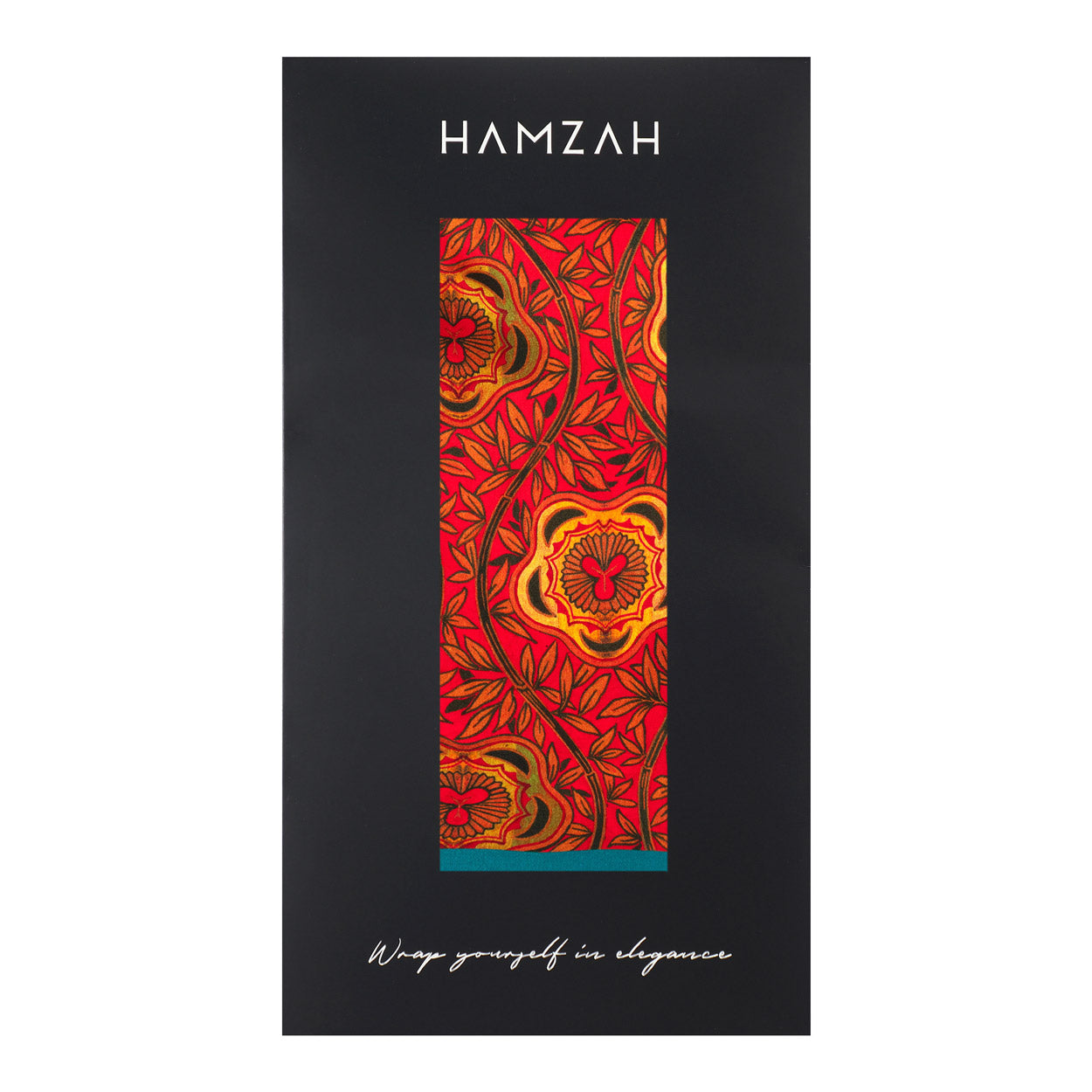 A rectangular black box with HAMZAH at the top features a window showcasing the Red and Blue Scarf with Floral Print Marigold. Wrap yourself in elegance is written at the bottom.