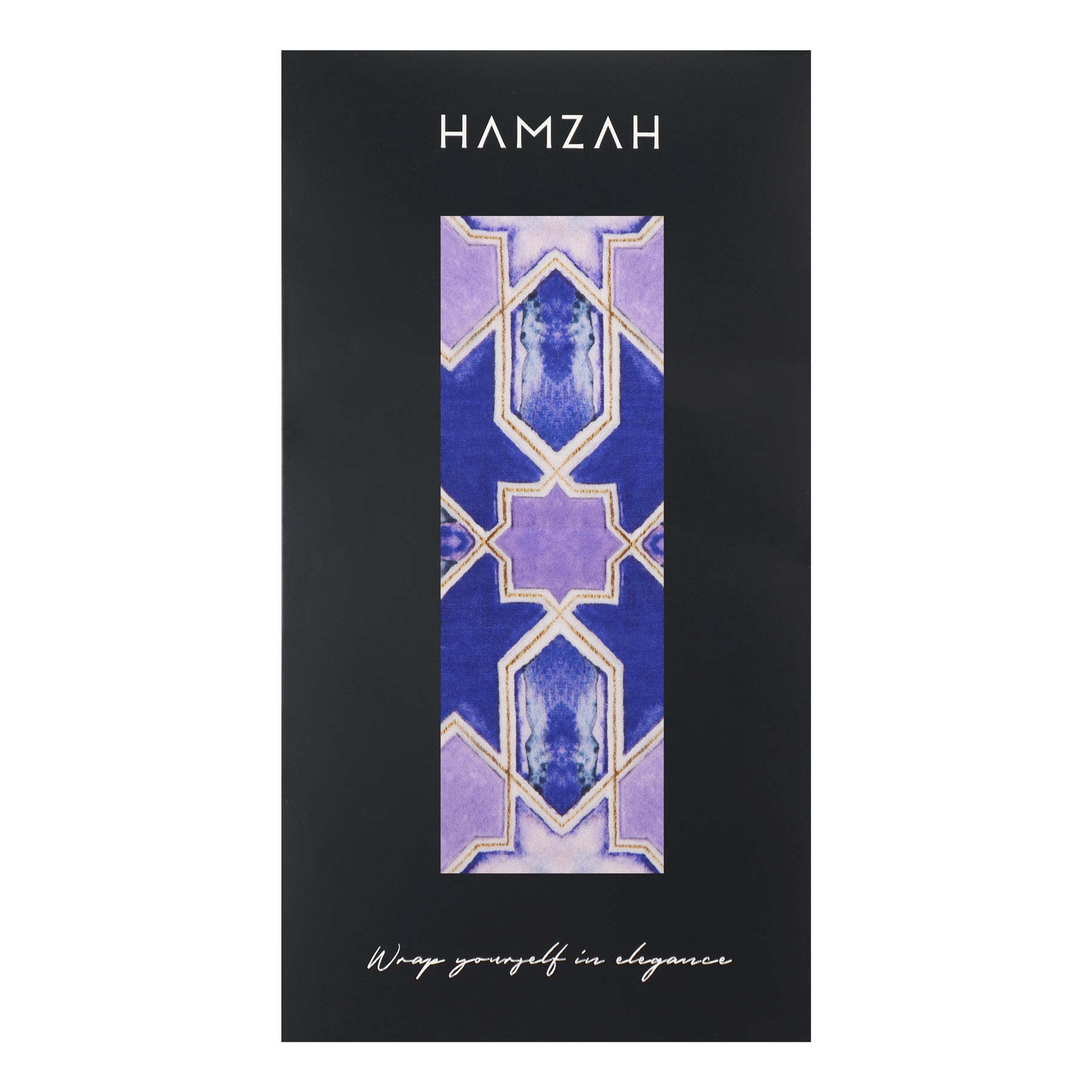 A rectangular box labeled HAMZAH contains the Purple Silk Scarf with Islamic Art Print Sevilla, featuring blue and purple Andalusian-inspired patterns. The bottom text says, "Wrap yourself in elegance.