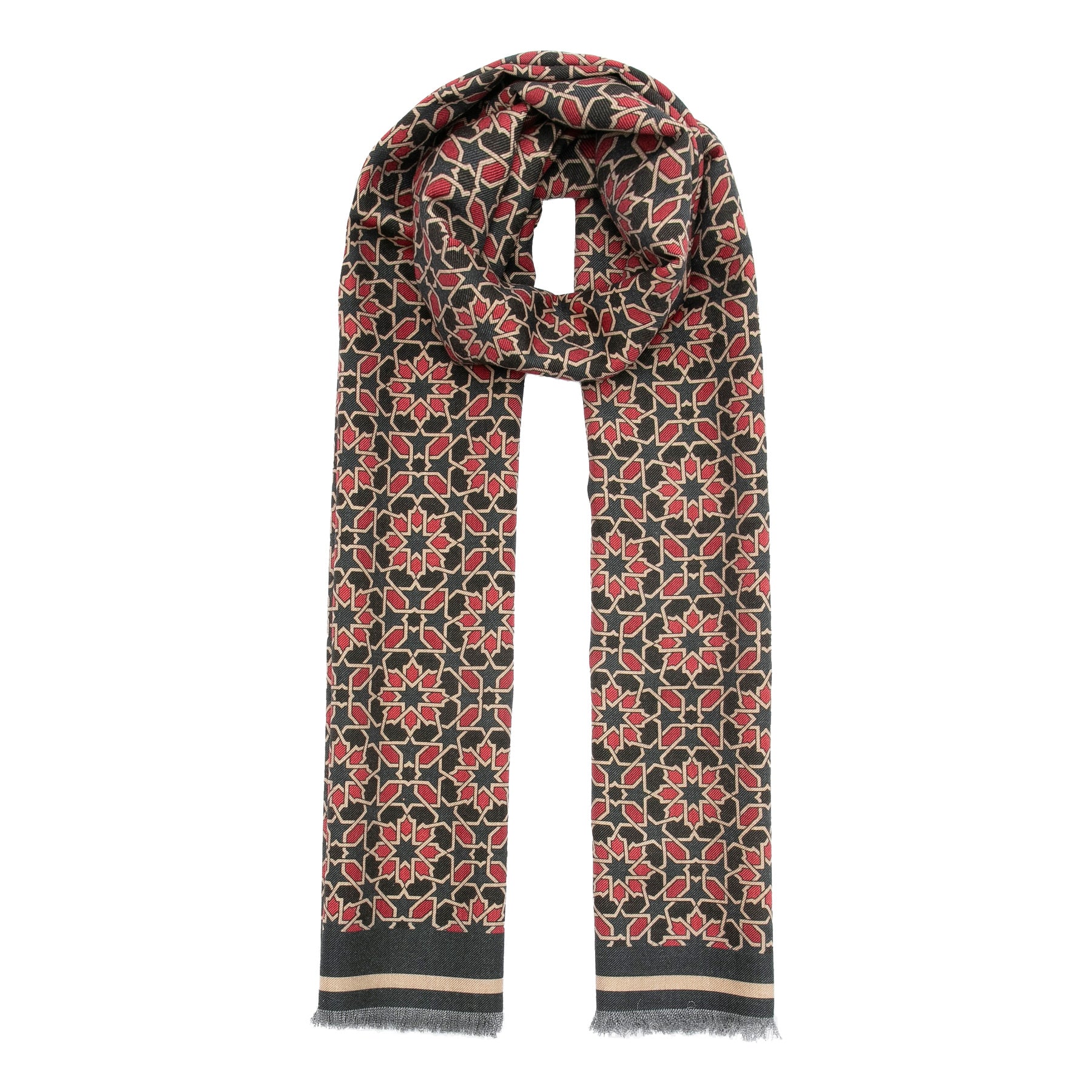 The Hamzah Silk Wool Scarf Red and Blue Print Mirath features a geometric motif and short fringe, blending luxurious fibers with an artistic touch.