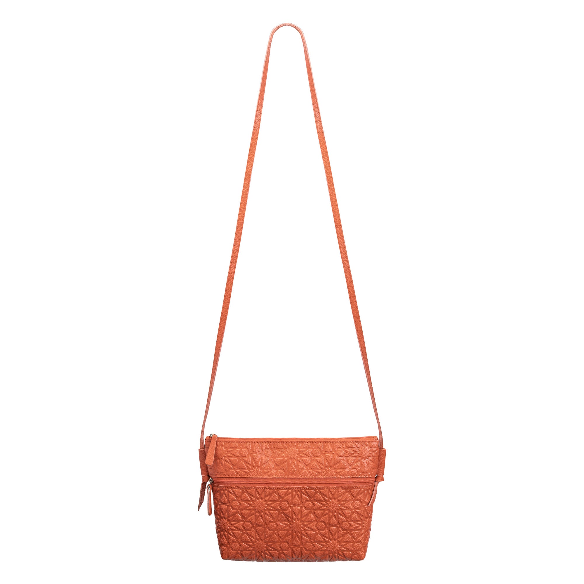 The Orange Embossed Crossbody Bag with Islamic Design Pattern features a long strap and embossed genuine cowhide leather, displayed against a white background.