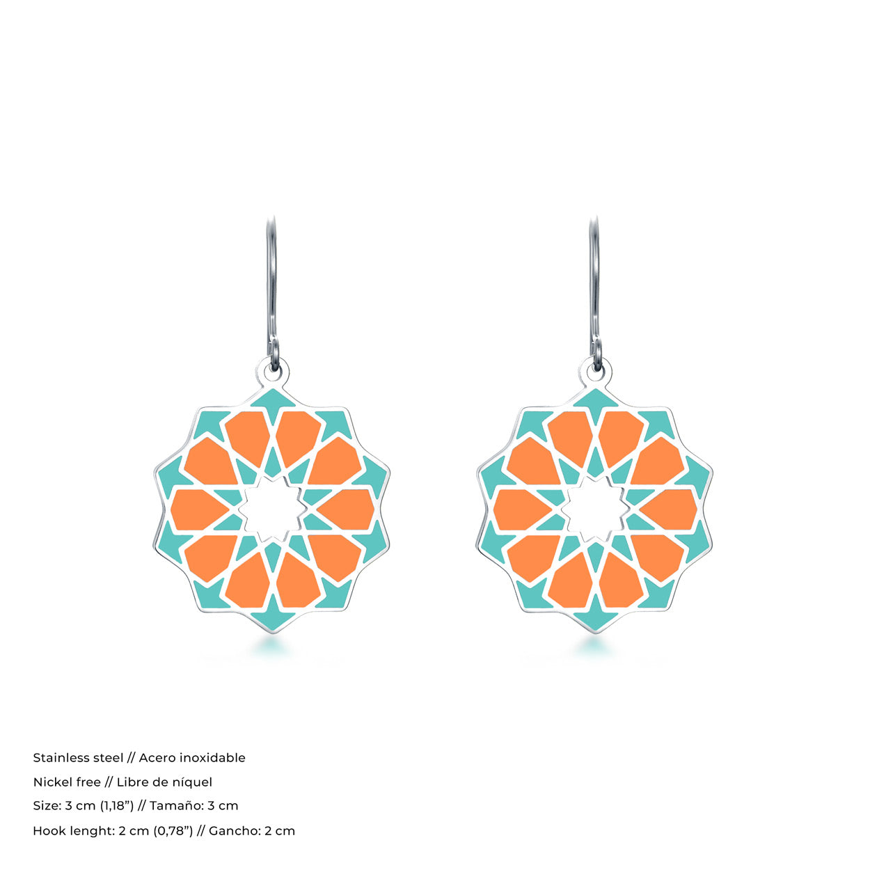 stainless steel dangle earrings with geometric pattern inspired by islamic art