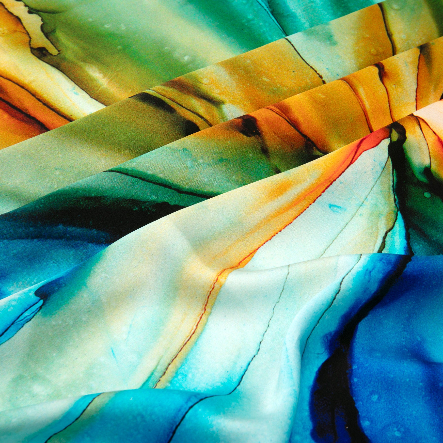 Close-up of flowing watercolor patterns in blue, green, yellow, and orange tones—an abstract fluid art print featured on the Blue and Orange Silk Scarf Square with Fluid Art Print.