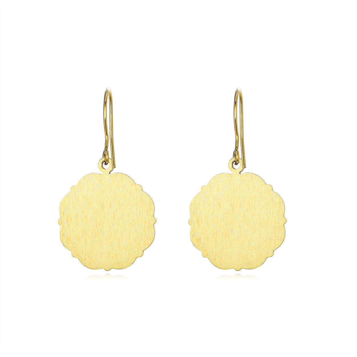 The Gold Plated Earrings Nazari Purple feature 14k gold plating and scalloped round discs hanging from simple hooks, shown against a white background.