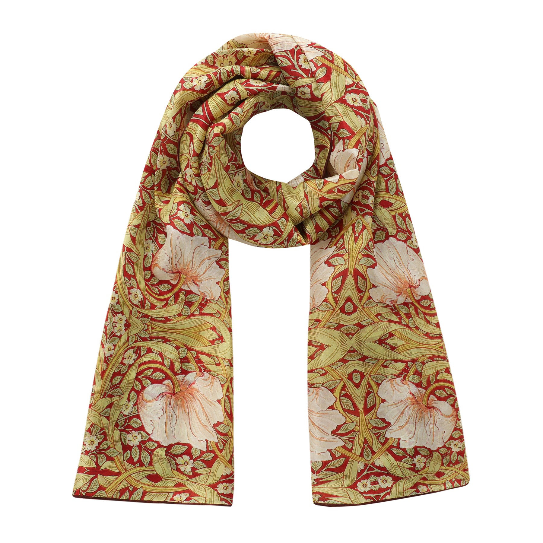 The Hamzah William Morris - Habotai Silk Scarf Basile features a circular drape with a floral design of large white flowers, green leaves, and red accents, capturing the Arts & Crafts movements timeless charm.
