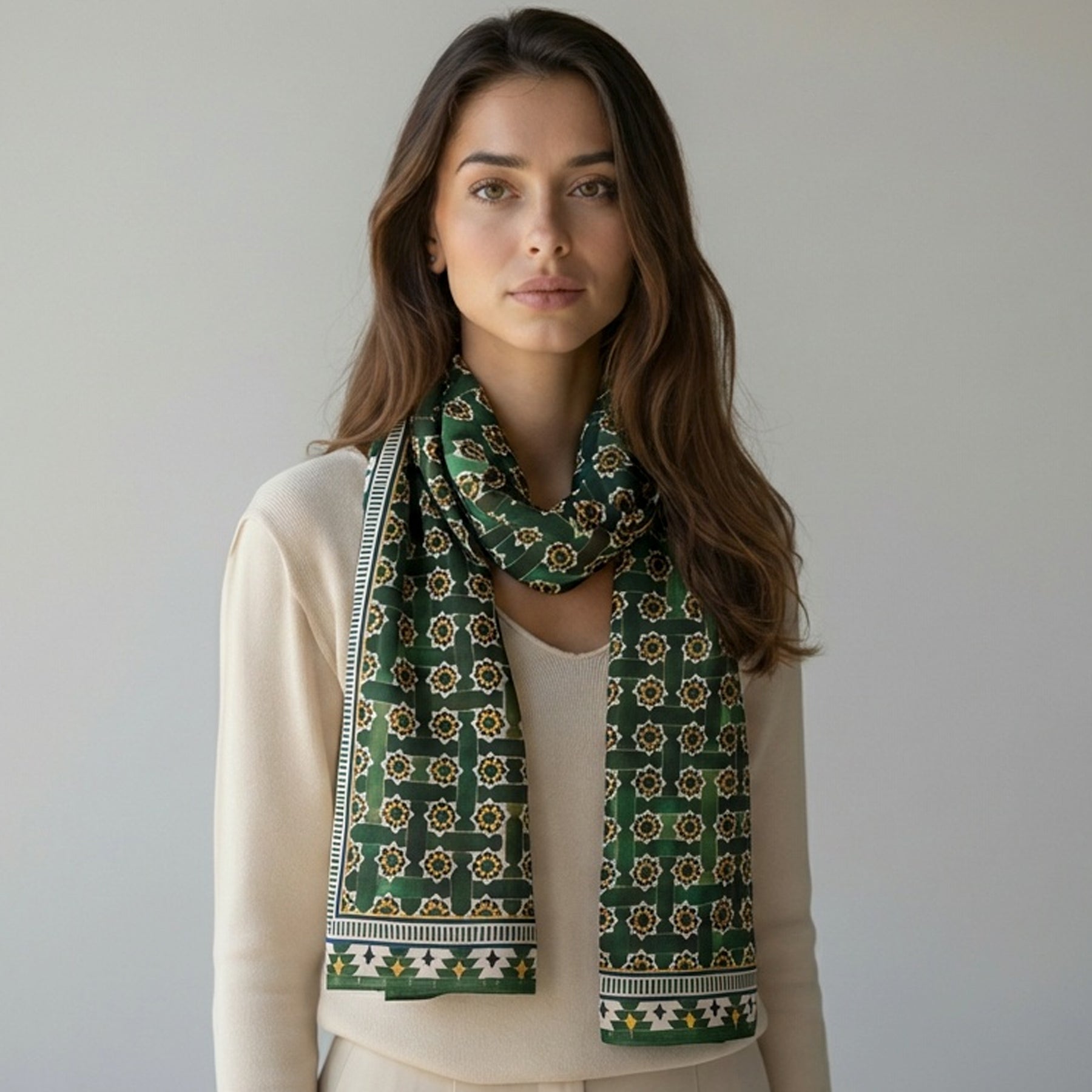 A woman with long brown hair wears a cream top and the Green Modal Scarf for Women Andalusí, featuring geometric and floral patterns inspired by Islamic art, standing against a plain light grey background.