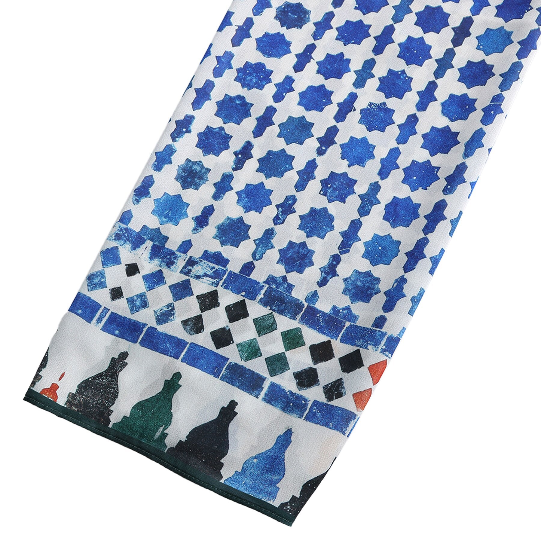 Pañuelo Zill – estampado de mosaico andalusí en azul y blanco, detalle 7