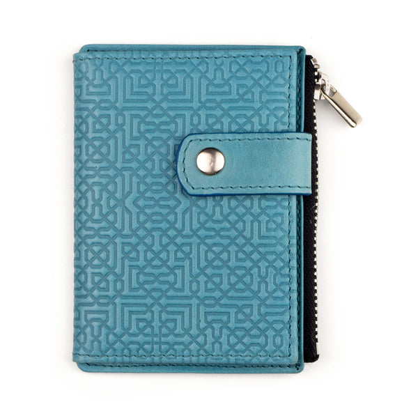 Blue slim leather wallet with islamic art pattern embossed