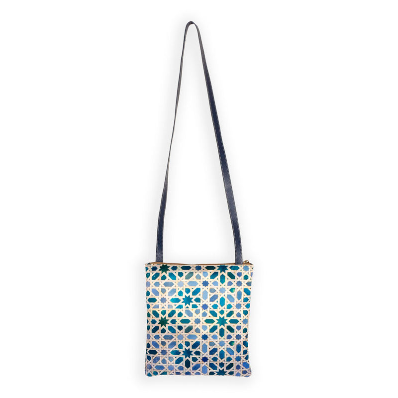 Blue and white fabric and leather crossbody bag inspired by Islamic art