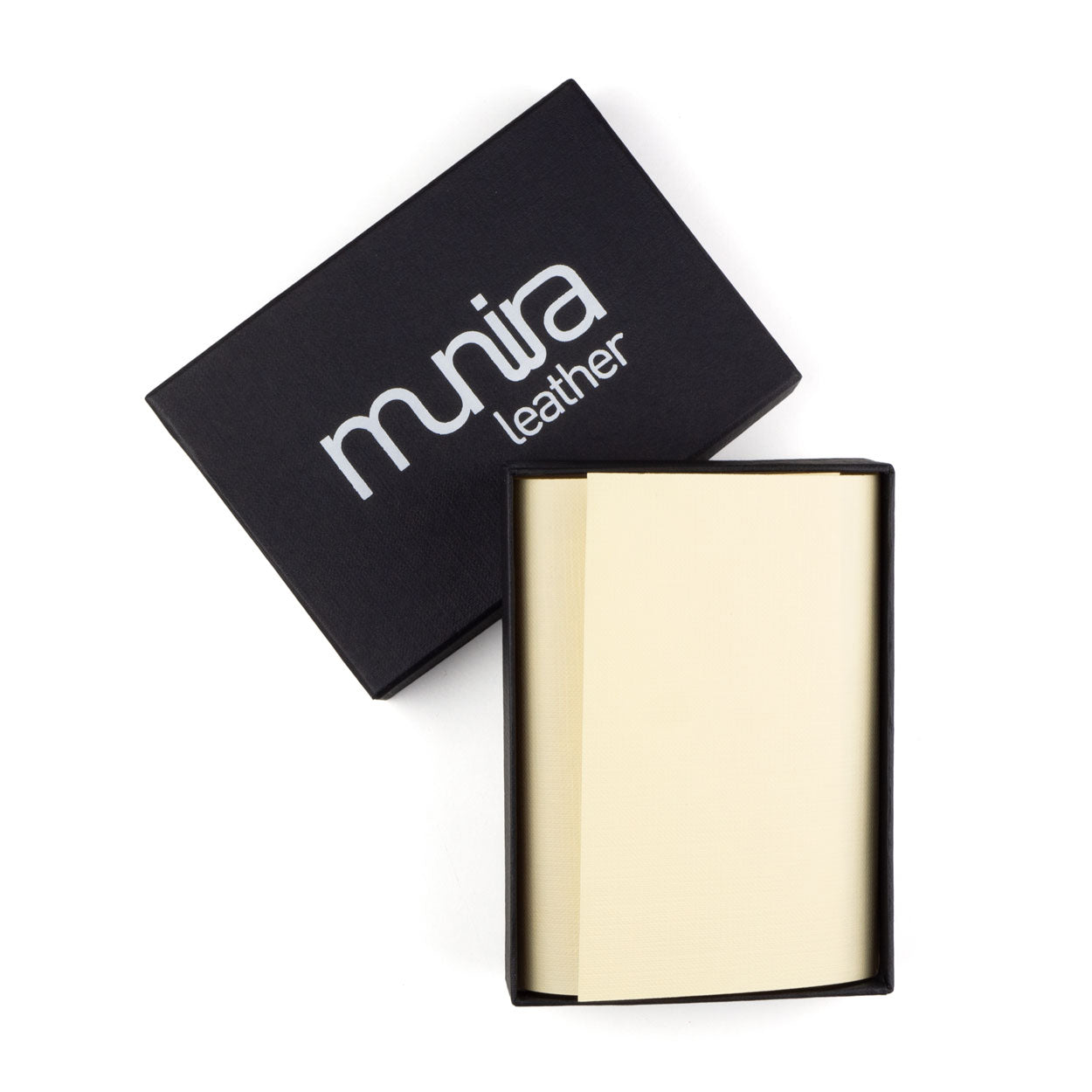 A black box labeled Munira Leather, partially open to reveal a red small leather wallet embossed, sits against a plain white background.