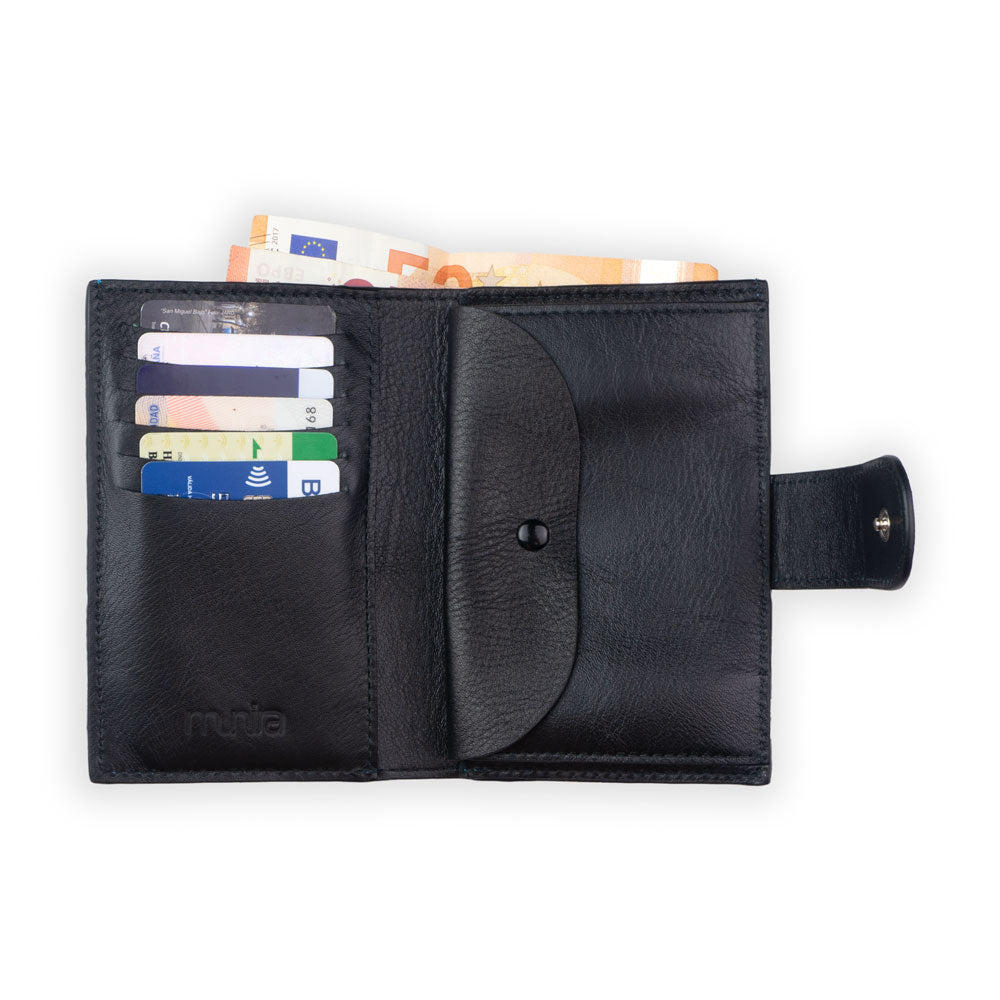 The Leather Wallet with Purse Zellige Brown by Munira Leather opens to reveal euro banknotes, four cards, and a snap tab