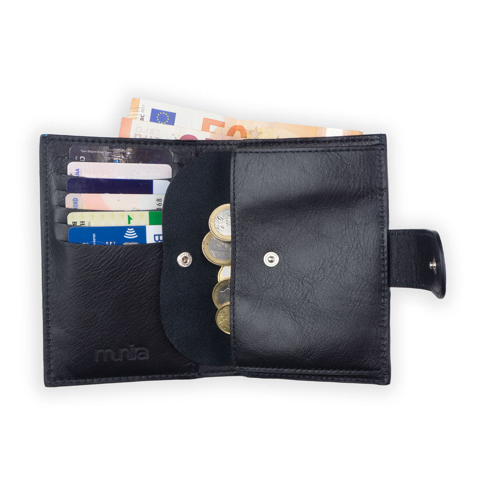 The Munira Leather Wallet with Purse Zellige Red is handmade and opens to reveal euro banknotes, assorted cards in slots, and euro coins in a snap-closure coin pocket.