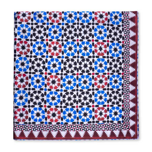 Blue, red, white and black square silk scarf inspired by islamic art