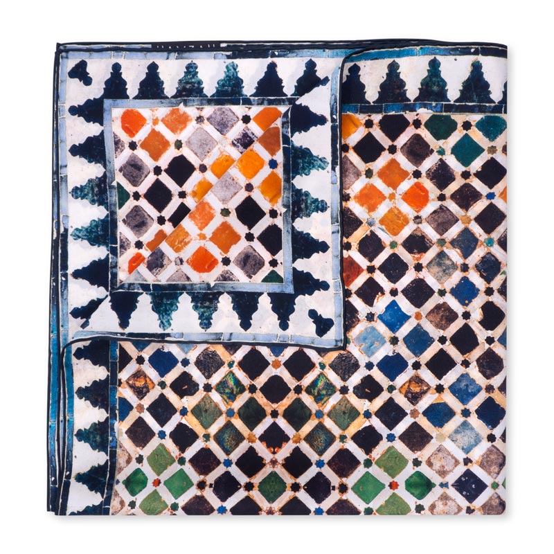 Square printed scarf inspired by moorish mosaic tiles from the Alhambra of Granada