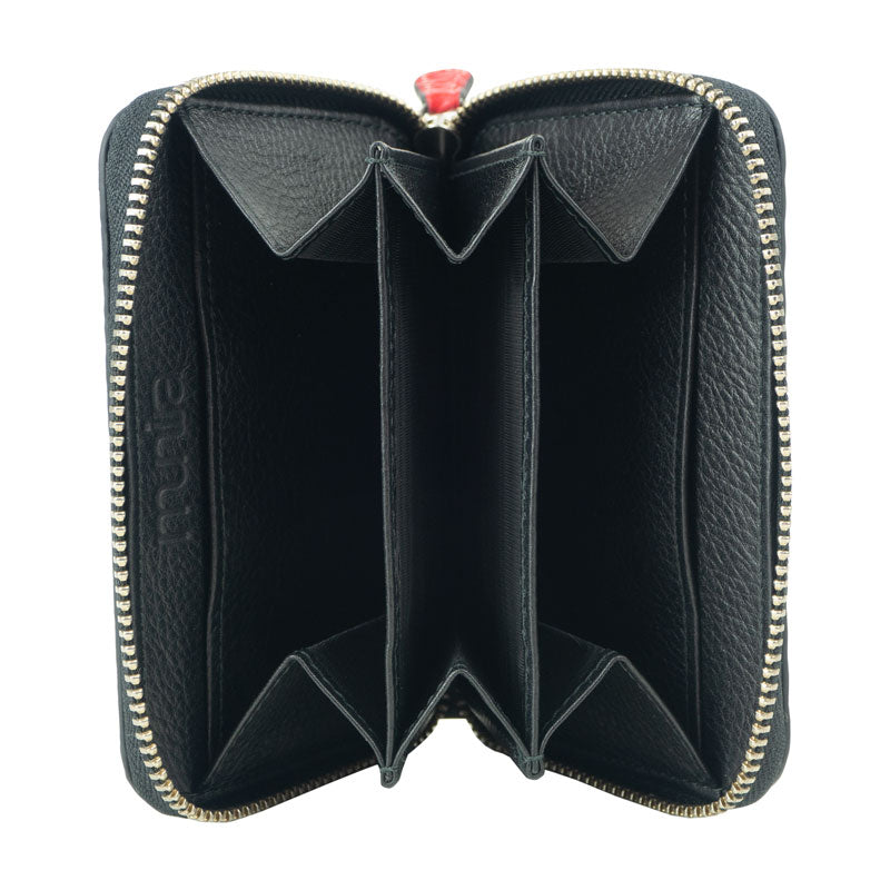 The Munira Leather Red Small Leather Wallet Embossed features a zip-around closure and opens to reveal multiple compartments for organizing cards and cash.