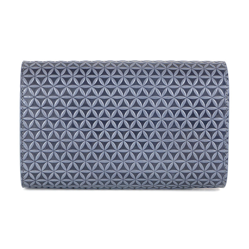 Gray leather clutch bag with flower of life embossed pattern