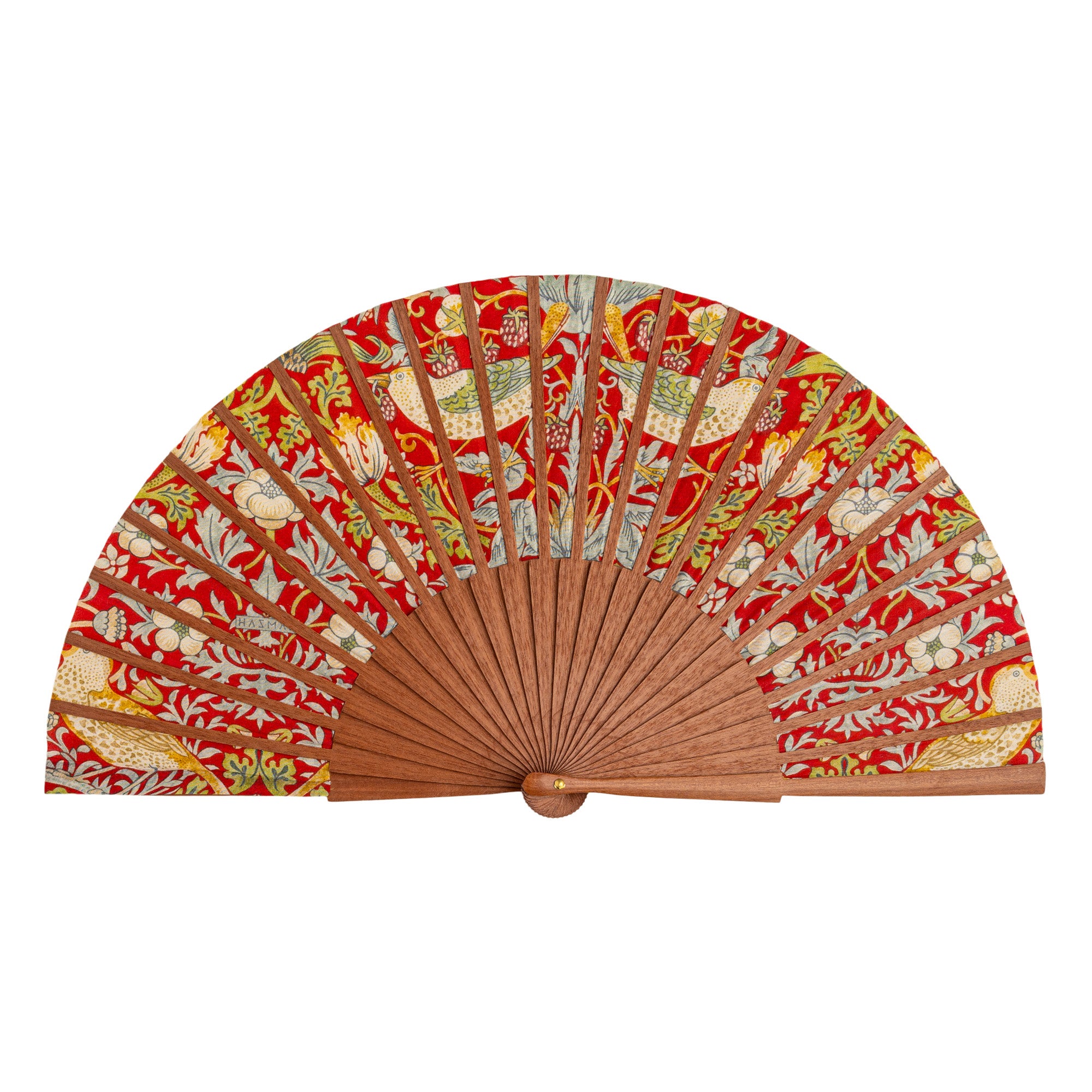 The William Morris Print Hand Fan Birds fully open, showing the William Morris Strawberry Thief print on silk with natural wooden ribs.