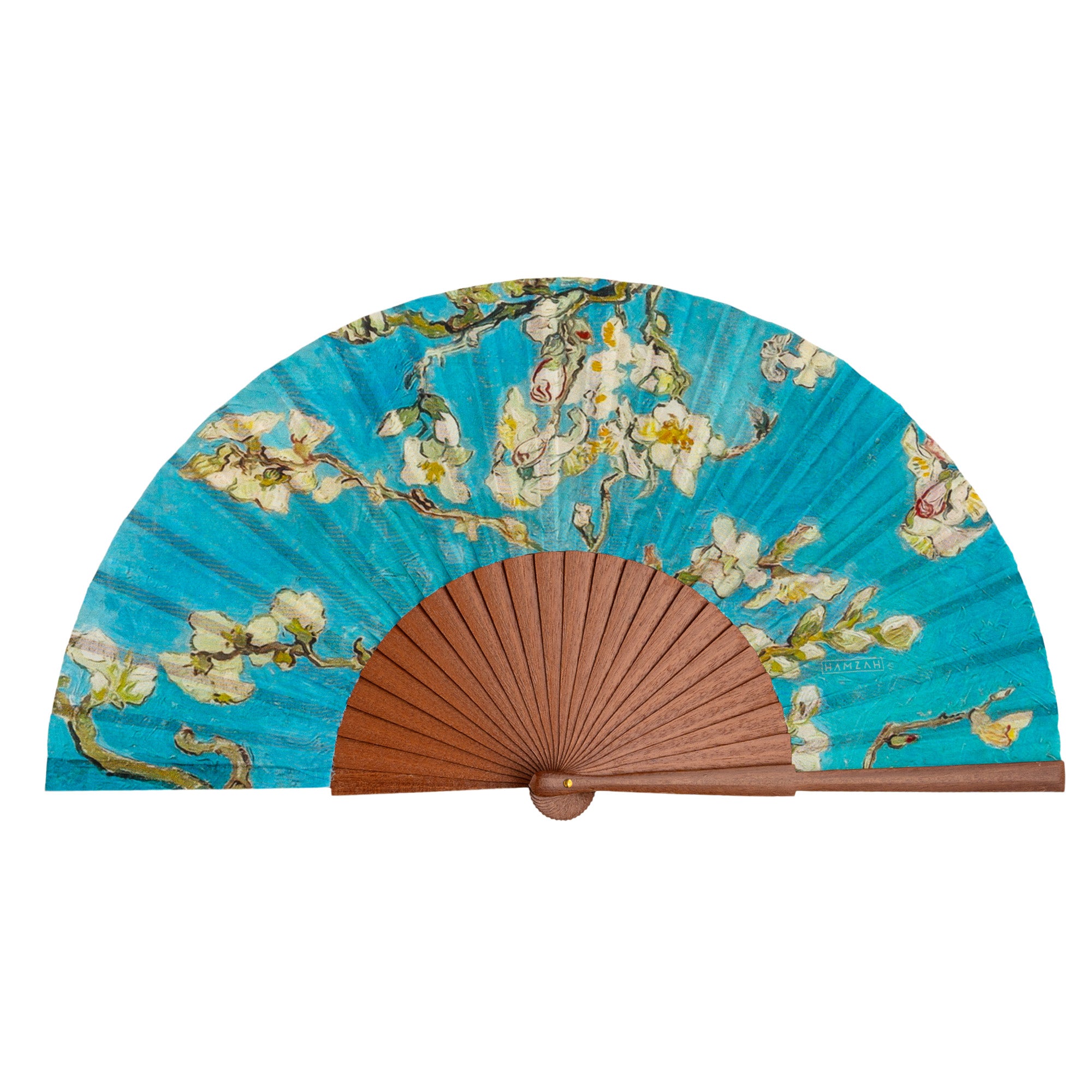 The Van Gogh Print Hand Fan Delphine open, highlighting the Van Gogh Almond Blossom print on light blue and Kotibé wood ribs.
