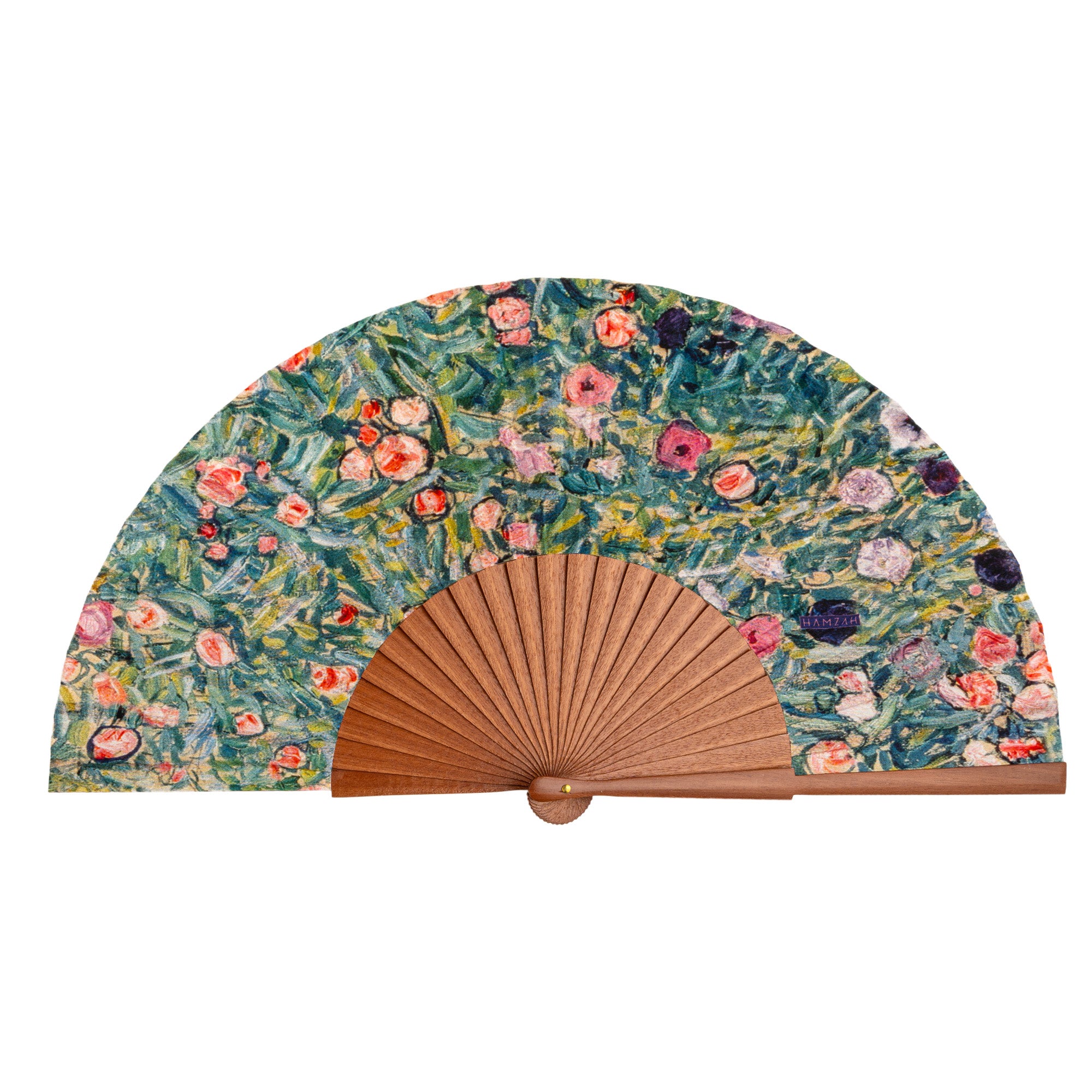 The Gustav Klimt Print Hand Fan Isolde open, highlighting the Gustav Klimt Flower Garden floral print and Kotibé wood ribs.