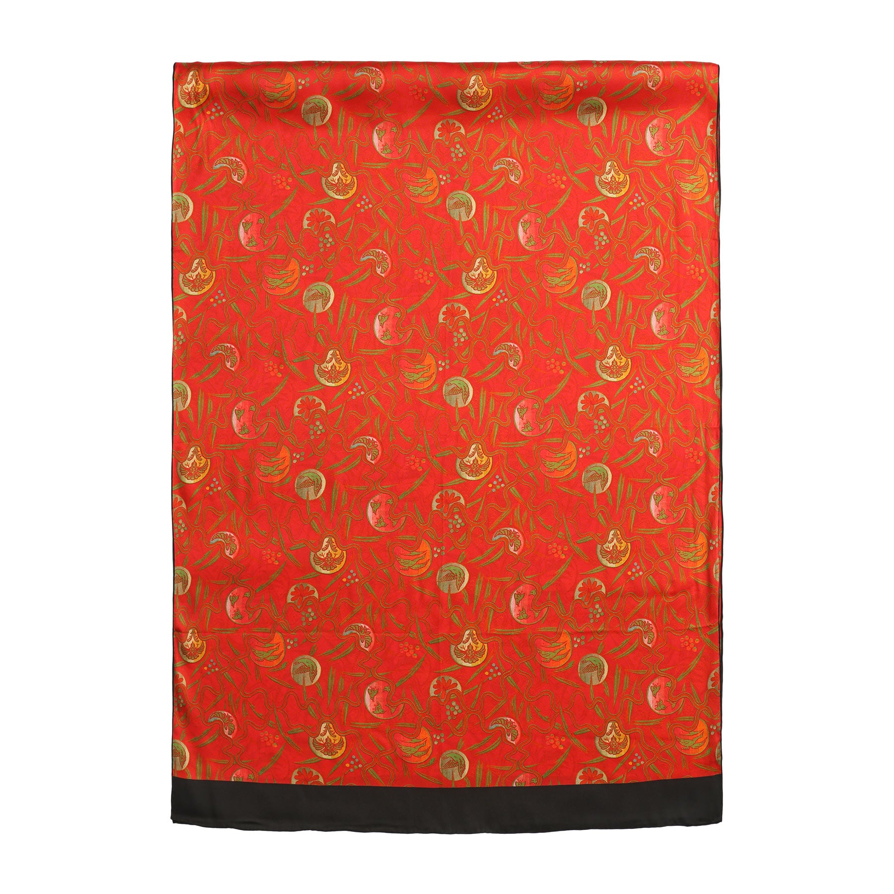 The Red Silk Scarf with Abstract Floral Print Kabuki features vibrant red silk with elegant abstract florals, artfully draped and swirled at the center for soft folds and a luxurious look.