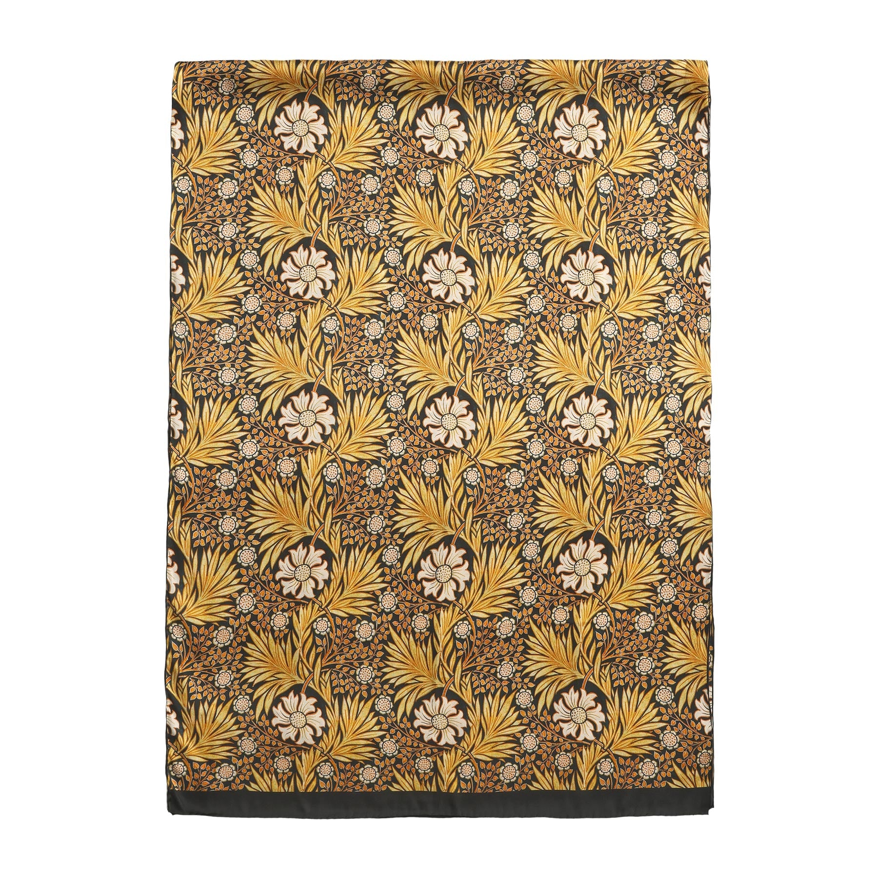 A close-up of the Black Silk Scarf with Gold Floral Motifs Aurum, draped to showcase its satin texture and detailed gold, yellow, white, and black floral patterns.