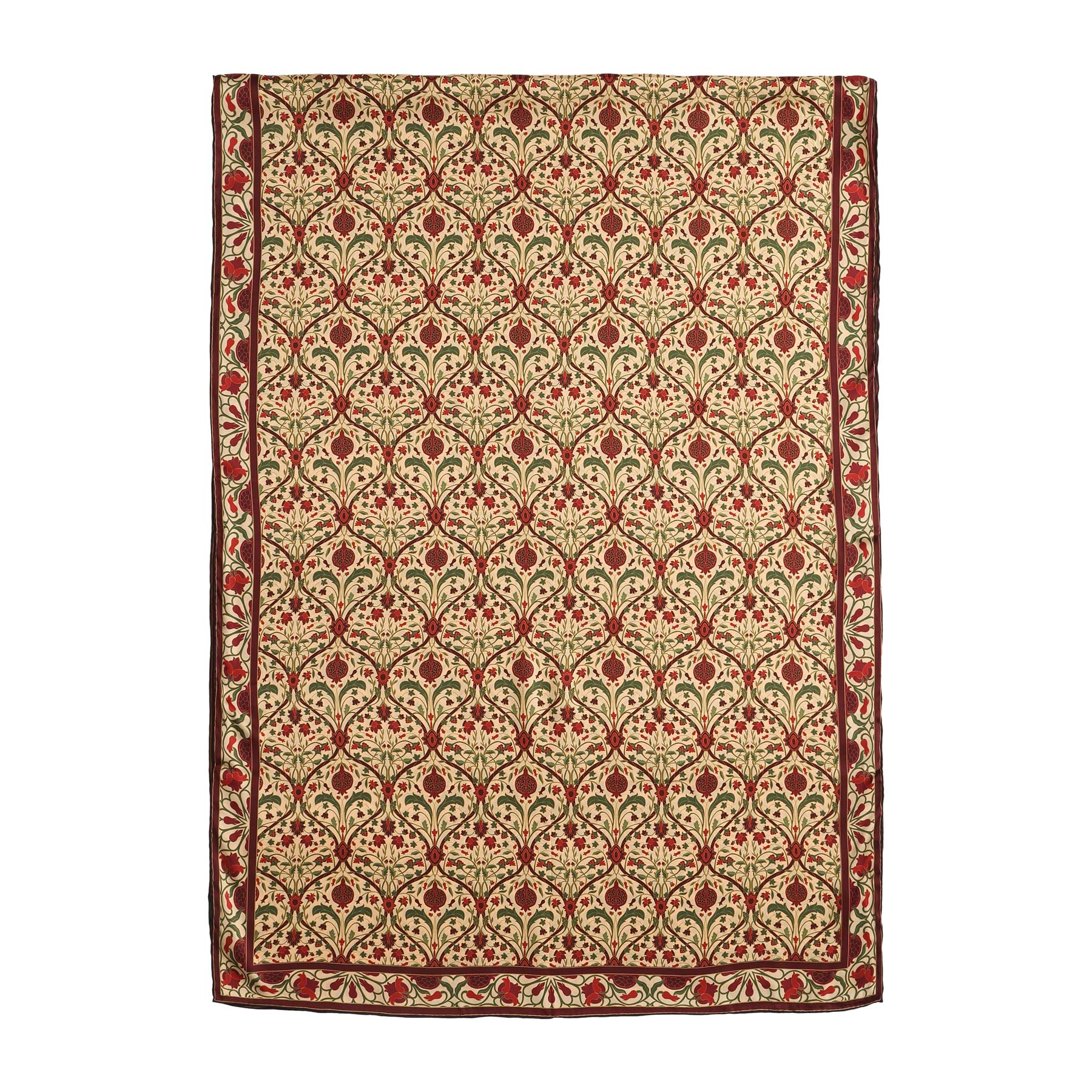 A close-up of the Art Nouveau Silk Scarf Berry shows its cream silk fabric with swirling folds and a floral print in green, red, and brown, featuring delicate vines and stylized art nouveau flowers.