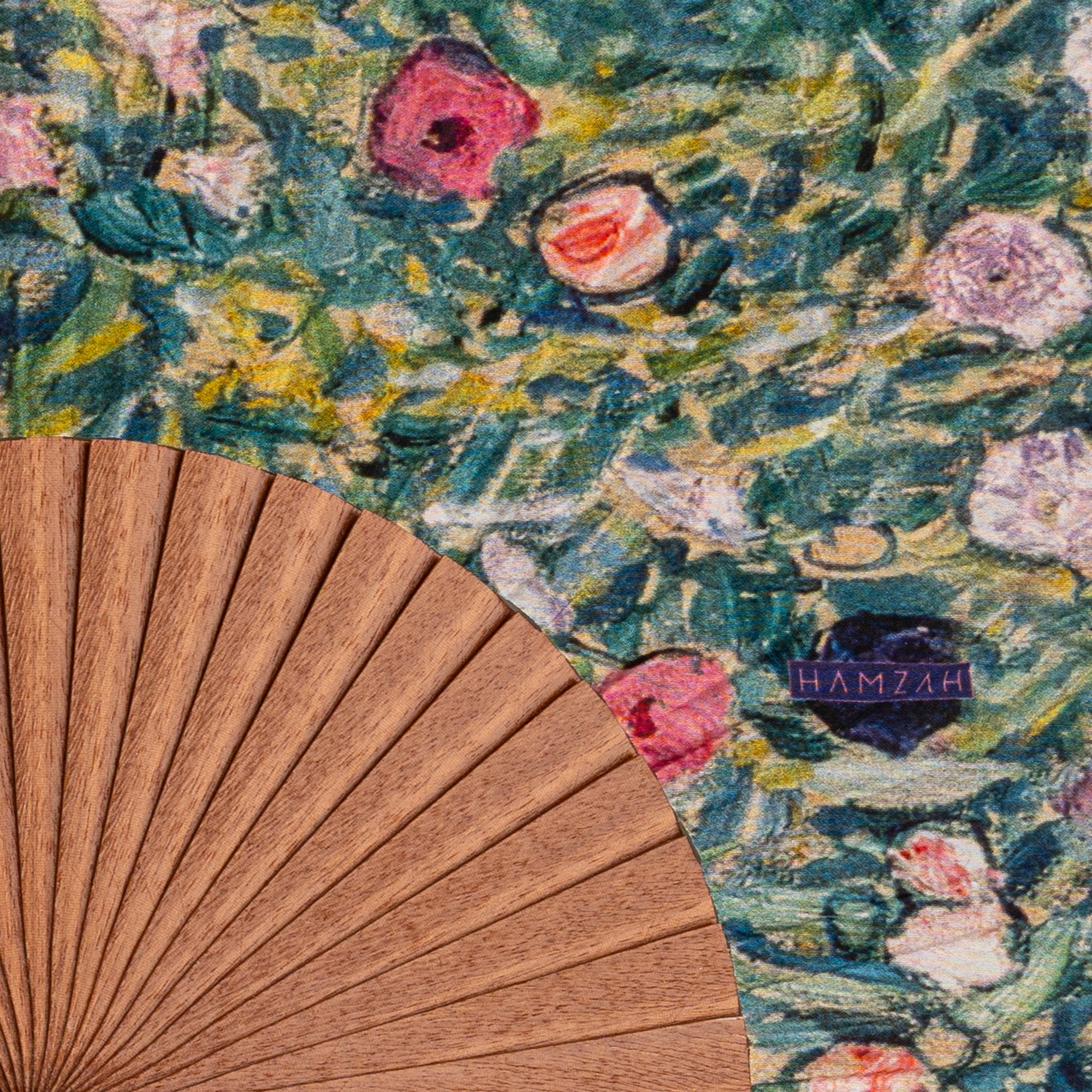 Close-up of the Gustav Klimt Print Hand Fan Isolde showing the Gustav Klimt Flower Garden floral print in detail.