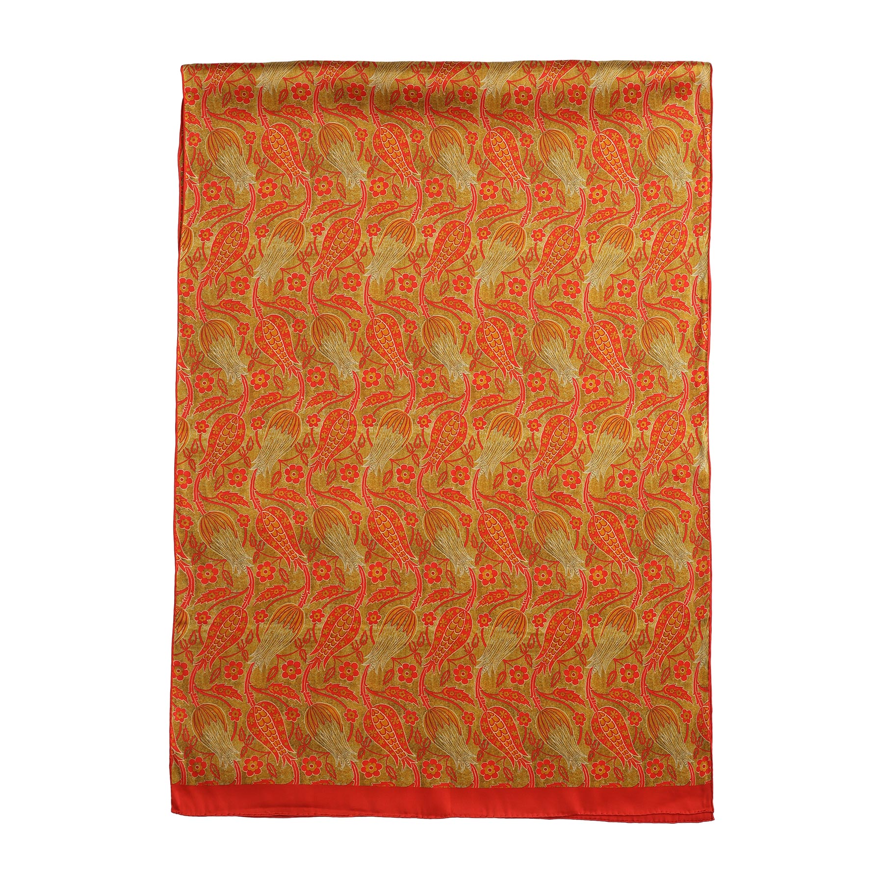 The Floral Silk Scarf with Bold Red & Green Accents features an intricate orange, red, and green paisley pattern