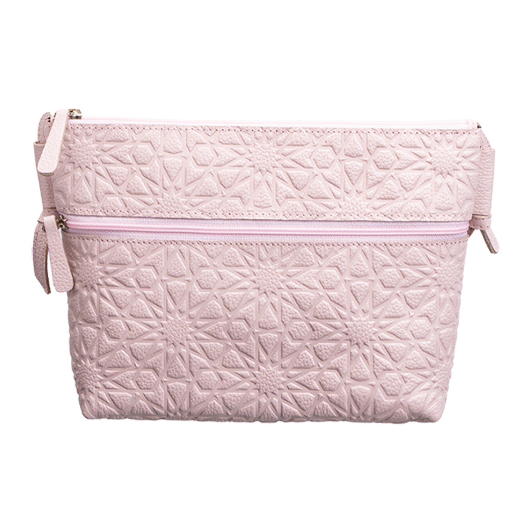 The Pale Pink Embossed Crossbody Bag features an Islamic design pattern, textured leather, a matching front zipper, and a side strap with a tied detail for chic style and functionality.