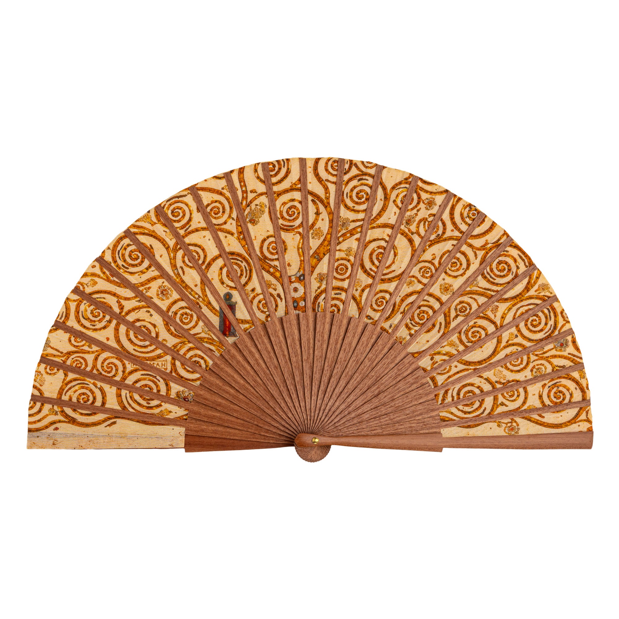 The Gustav Klimt Print Hand Fan Tree of Life fully open, showing the Gustav Klimt Tree of Life golden print on silk with natural wooden ribs.