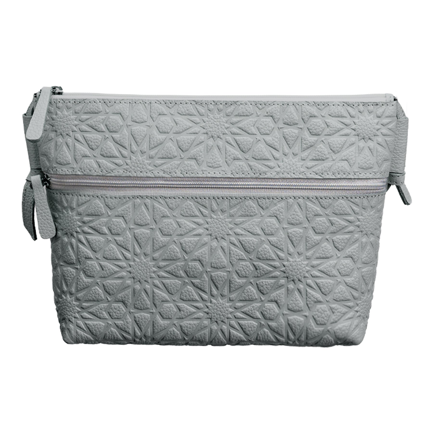 A gray embossed crossbody bag with an Islamic design pattern, featuring a zipper top and a small wrist strap on the left side.