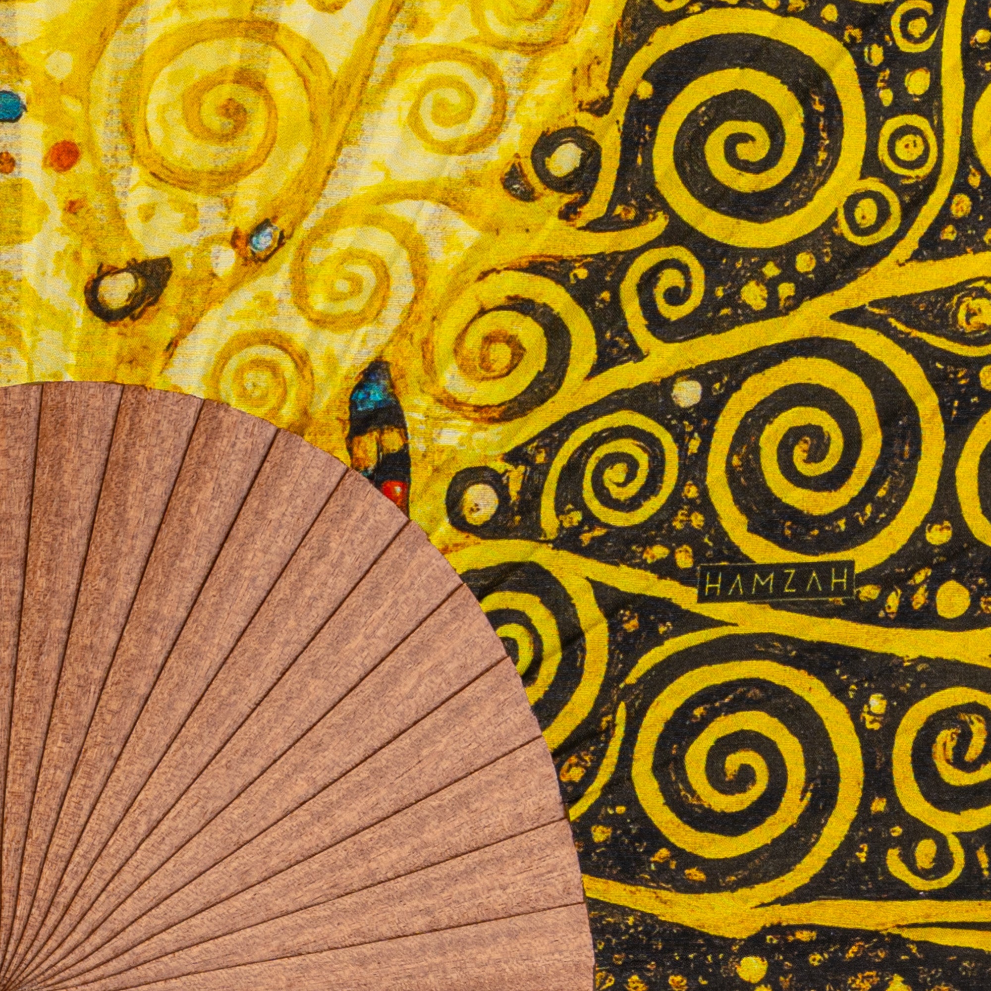 Close-up of the Gustav Klimt Print Hand Fan Tree of Life II showing the Gustav Klimt Tree of Life golden print in detail.