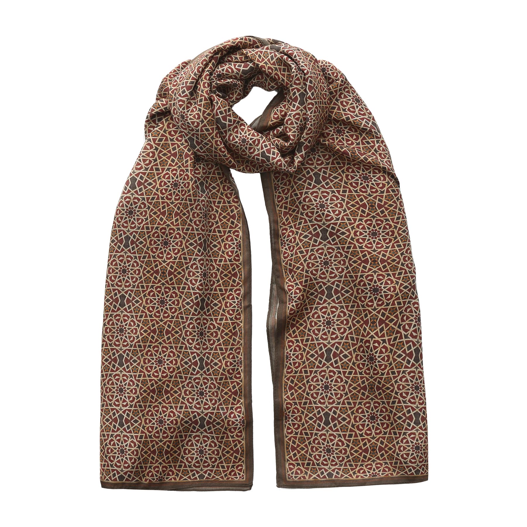 The Dimashq Modal Scarf folded, showing the Dimashq Al-Andalus mosaic geometric print on soft modal fabric.