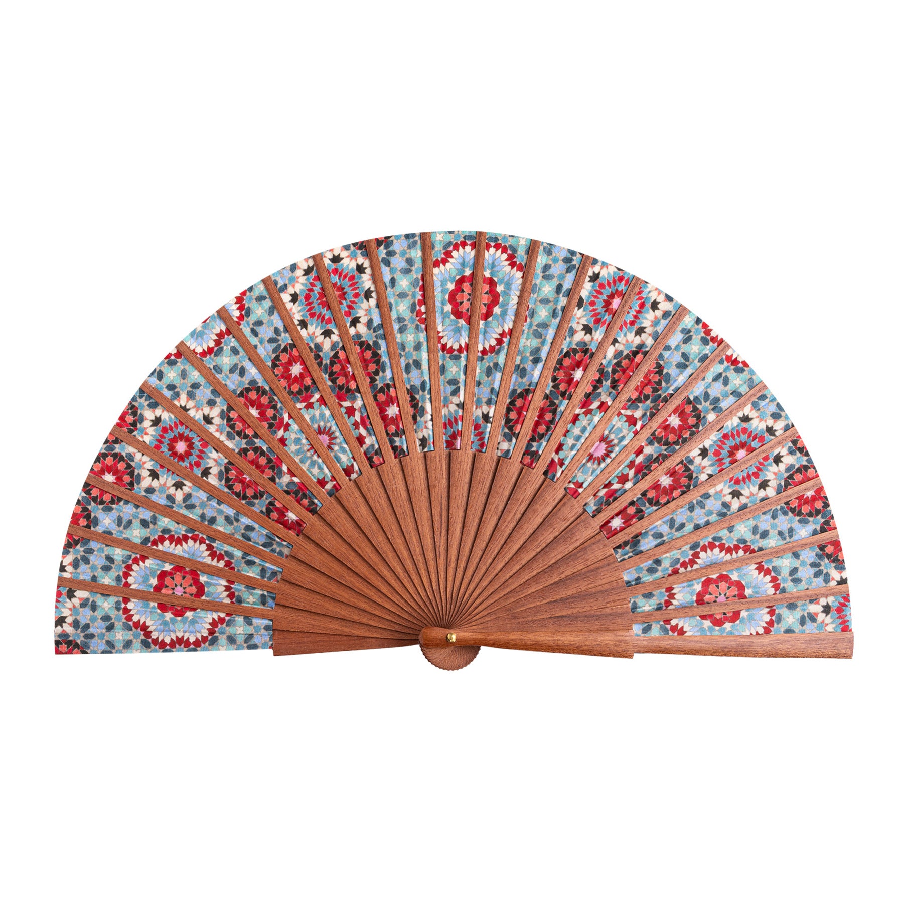The Folding Silk Fan Baraka V1 features wooden spokes and a silk top with a red, white, and blue floral design, highlighting Spanish craftsmanship. Displayed open against a white background.
