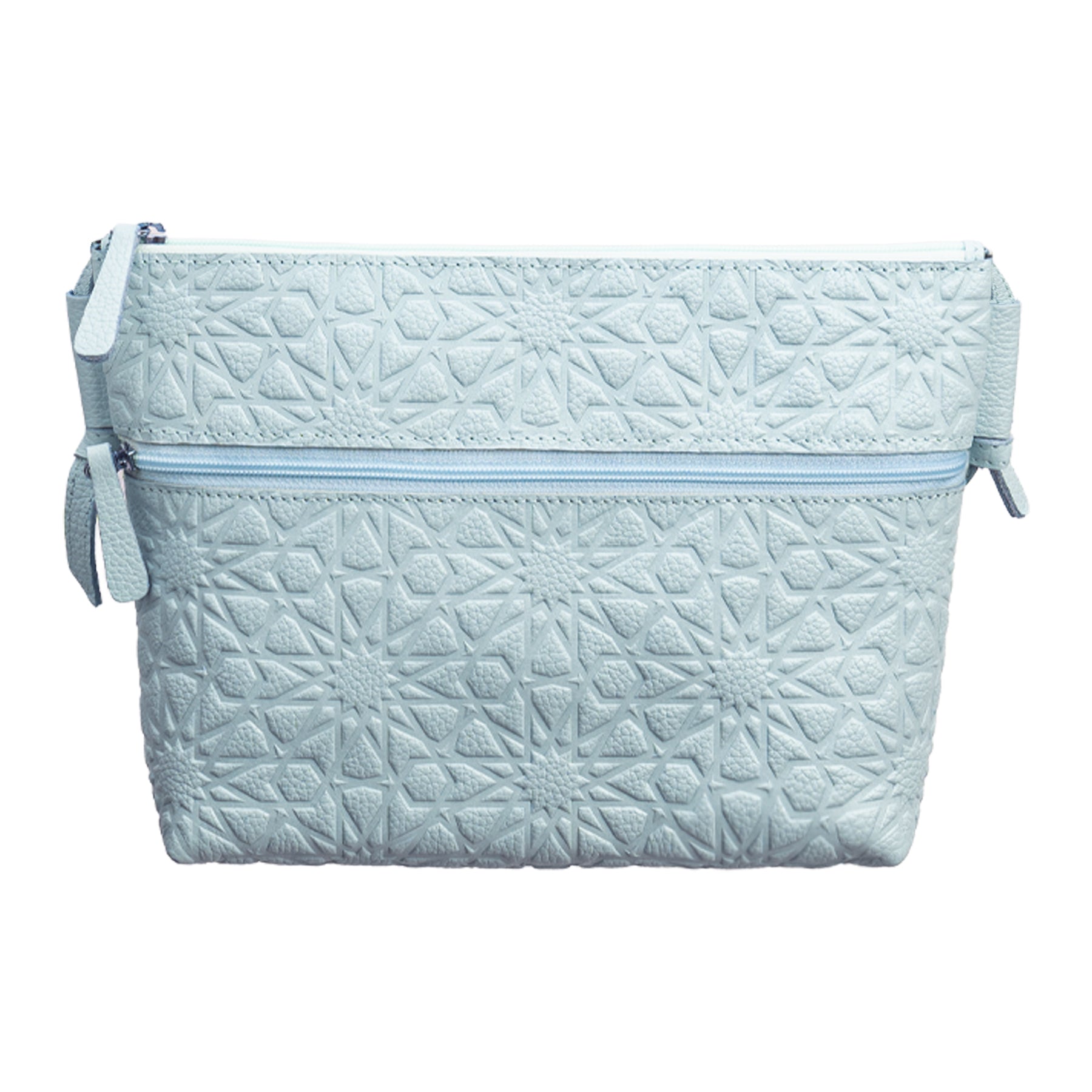 Light Blue Embossed Crossbody Bag featuring an Islamic design pattern with a zippered closure and decorative side tabs.