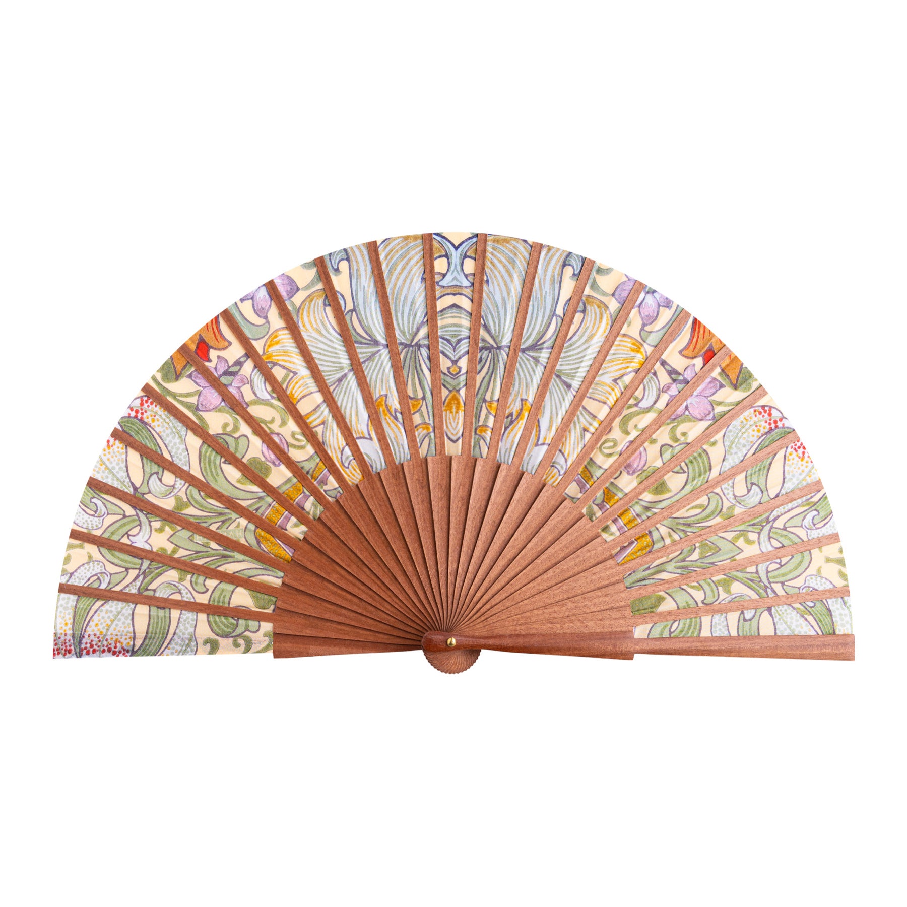 The Spanish Hand Fan with Floral Print Georg features wooden ribs and a vibrant, intricate floral pattern on the silk leaf, shown fully open against a white background.
